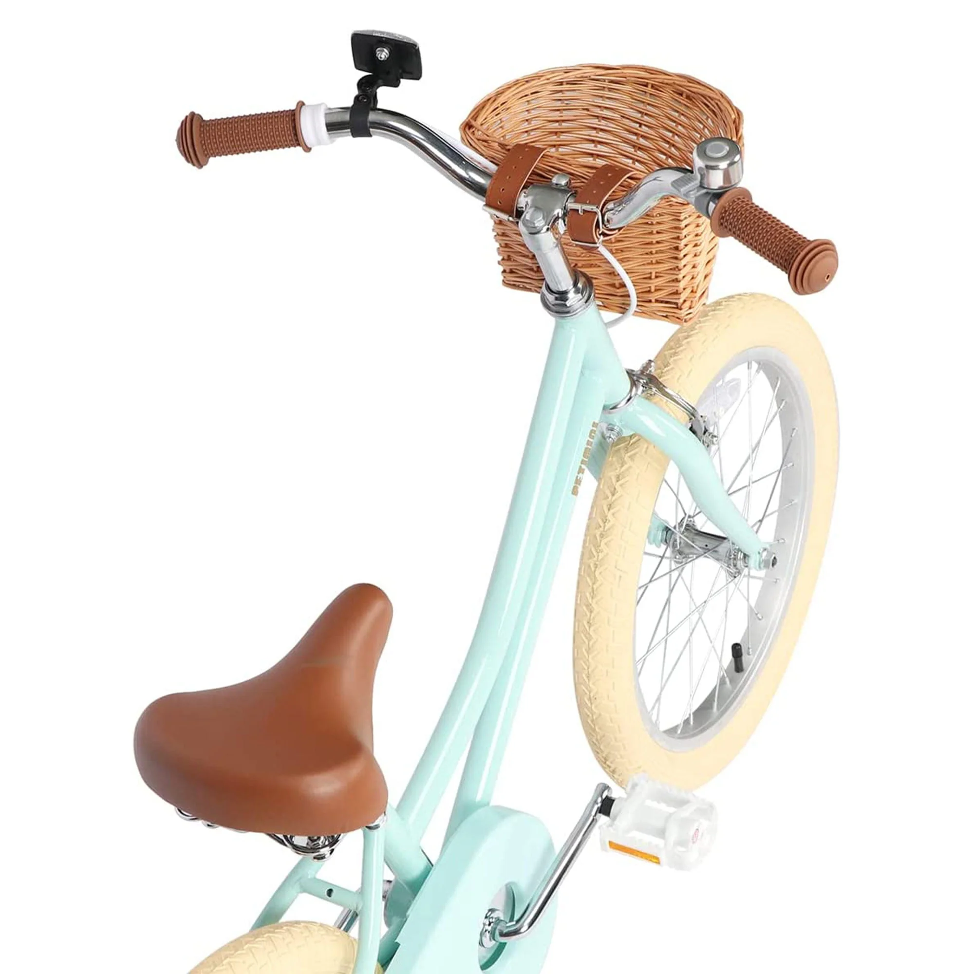 Petimini 16 Inch Child Bicycle with Basket, Bell, and Training Wheels, Mint