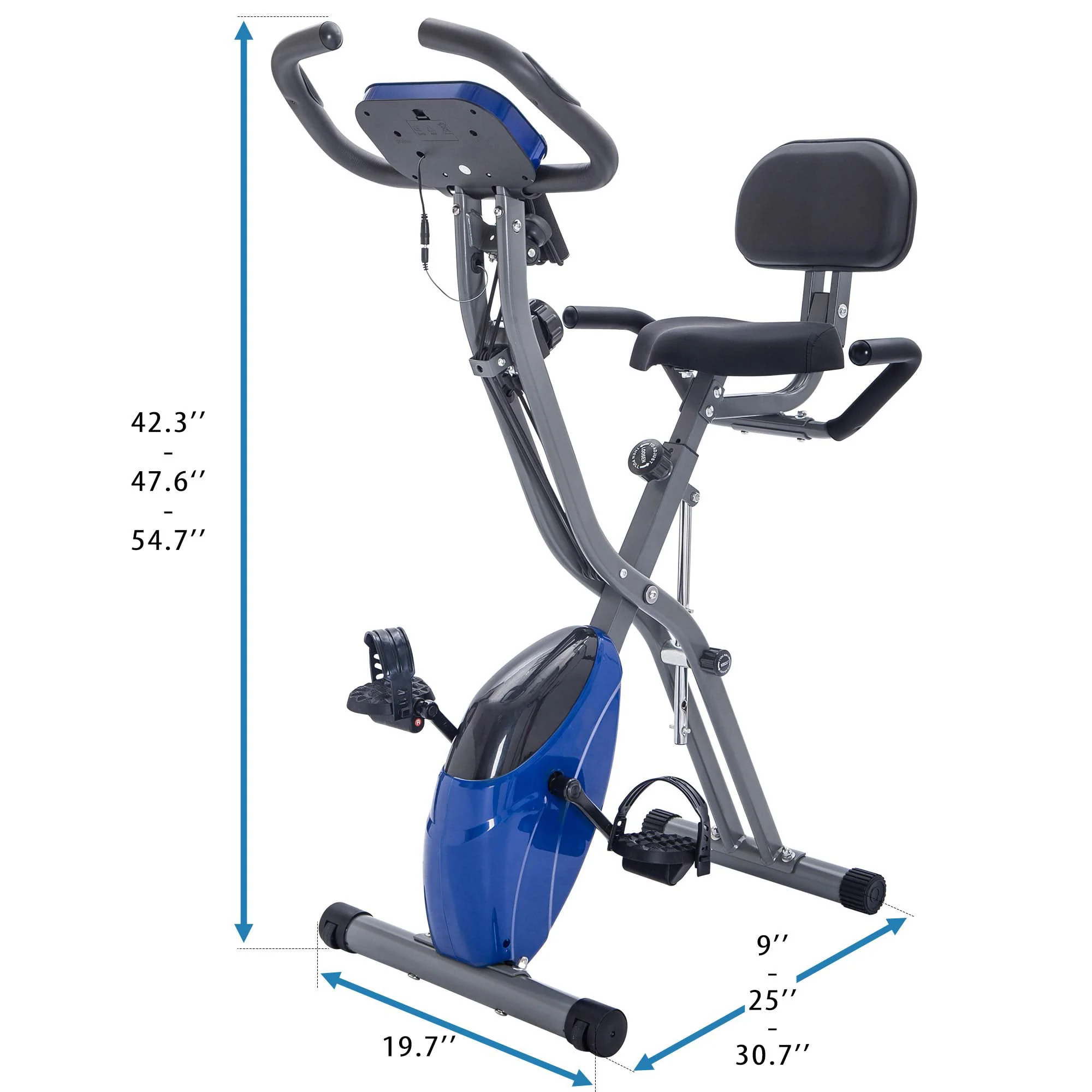 Clearance! Folding Exercise Bike, Fitness Upright and Recumbent X-Bike with 10-Level Adjustable Resistance, Arm Bands and Backrest, 350lb Weight Capacity, Blue