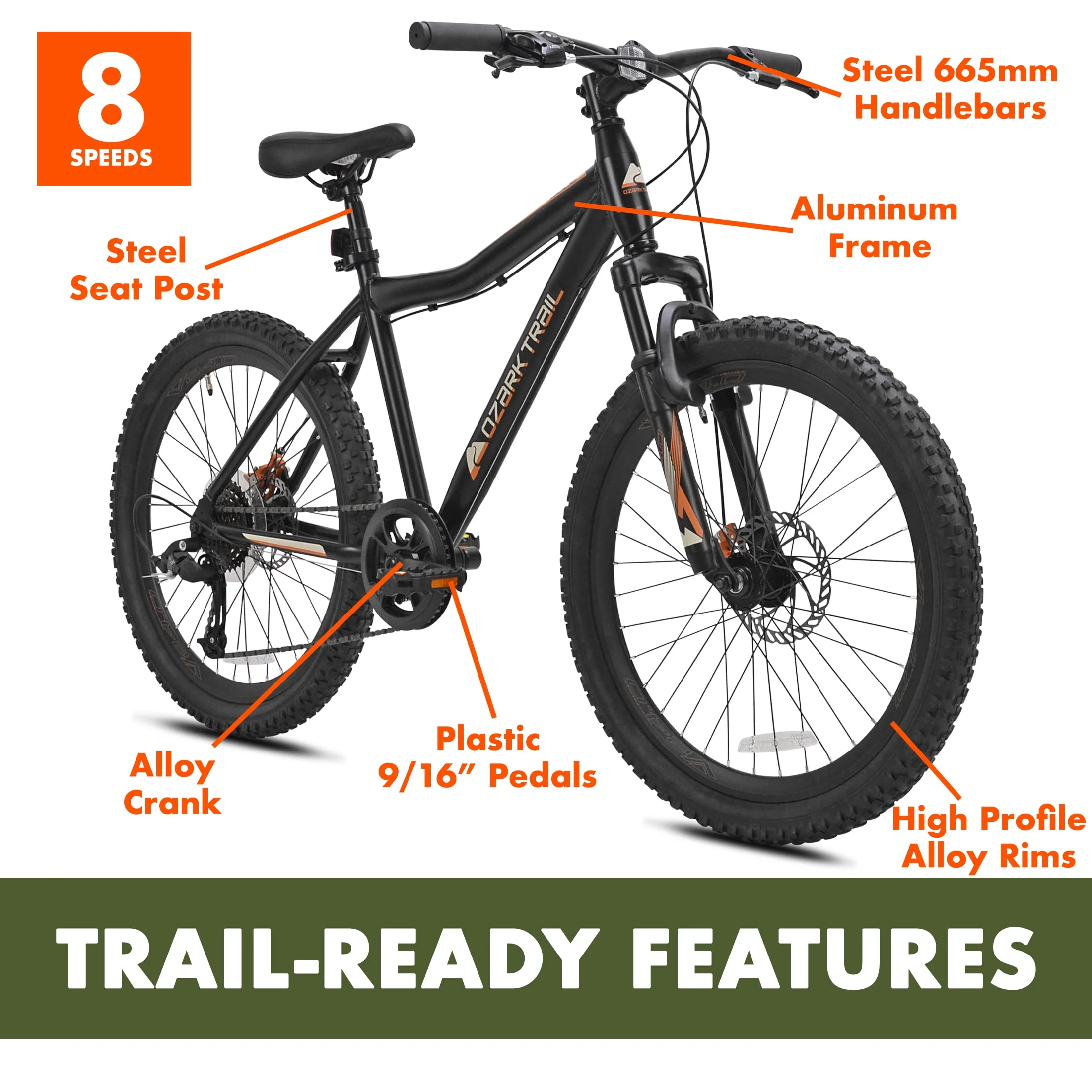 Trail 24 in. Youth Glide Aluminum Mountain Bicycle, 8 Speeds, Front Suspension, Black
