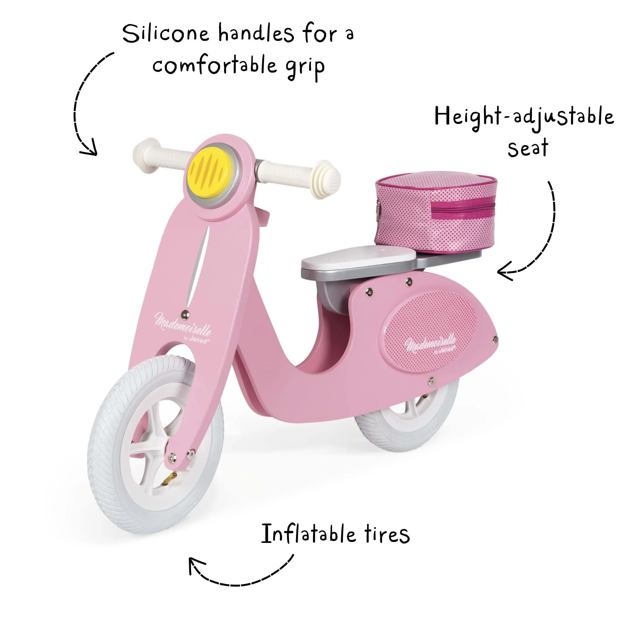 janod mademoiselle pink scooter balance bike - retro-style adjustable wooden beginner bike with ergonomic handles - encourage