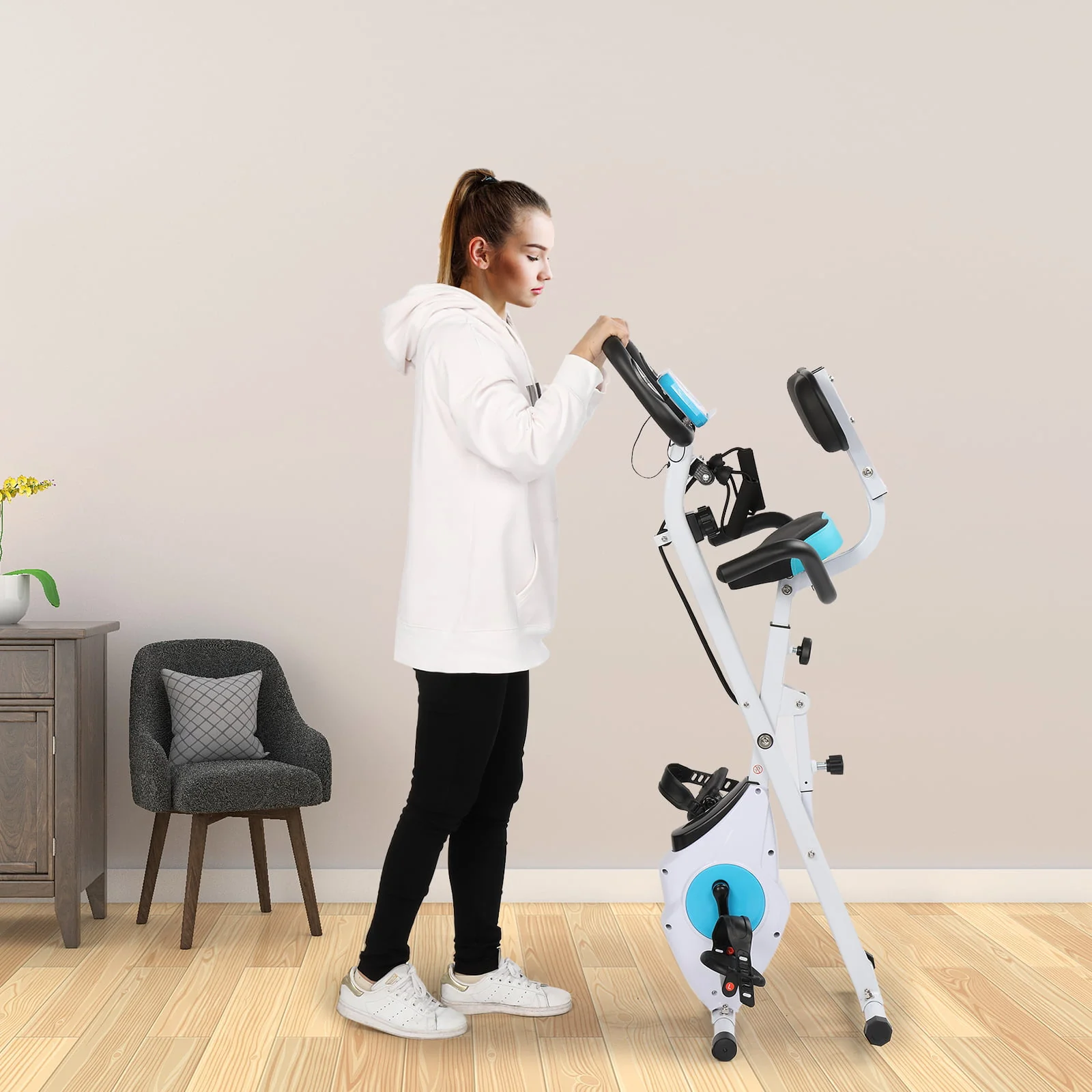 iTopRoad Folding Exercise Bike - Stationary Upright Bike, with Magnetic Resistance, White