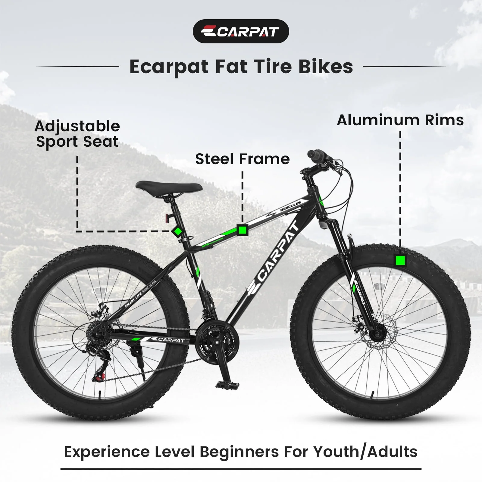 RedBrick Elecony 26 Inch Fat Tire Bike Adult/Youth Full Shimano 21 Speed Mountain Bike, Dual Disc Brake, High-Carbon Steel Frame, Front Suspension, Mountain Trail Bike, Urban Commuter City Bicycle