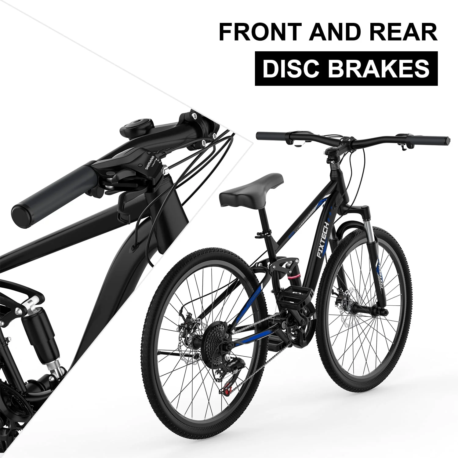 Fixtech 26-inch Mountain Bike with Full Suspension Frame, 21 Speed, Black/Blue