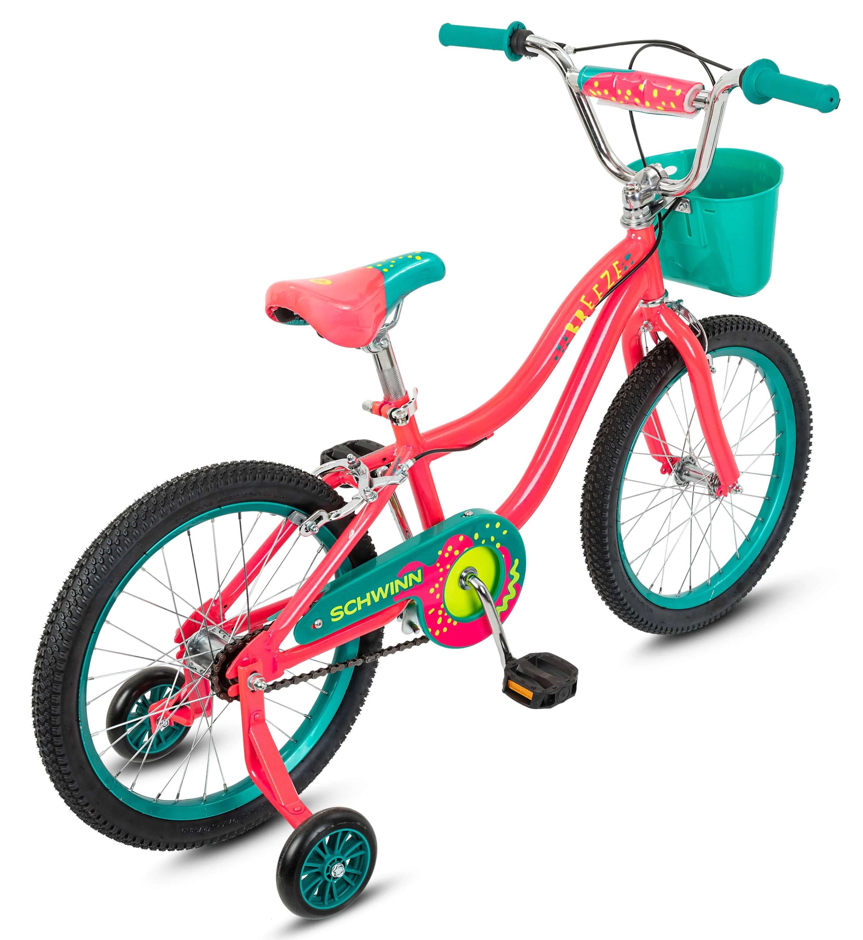 Schwinn Breeze 18 inch Girls Kids Bike with Basket and Training Wheels, Ages 5-9, Pink