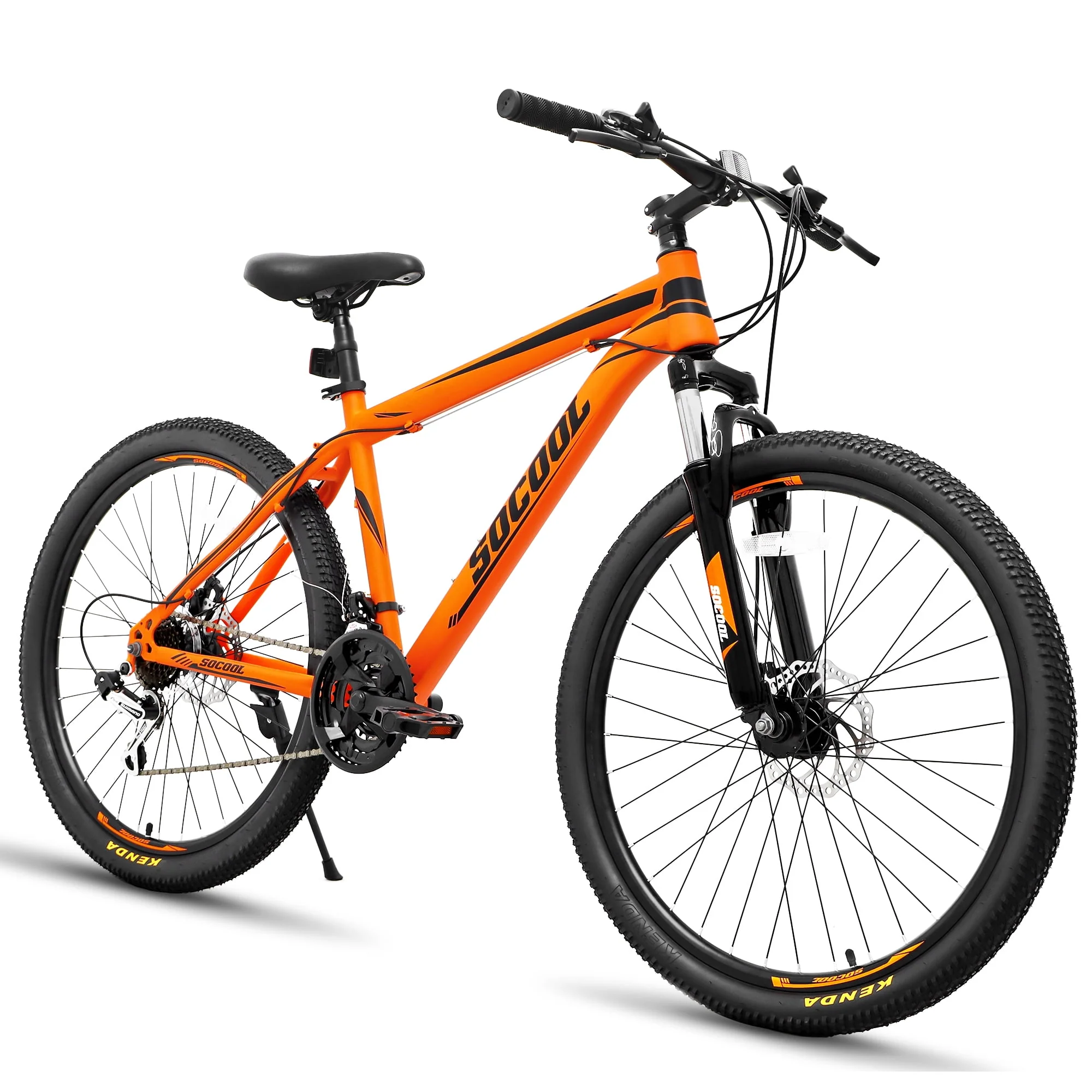 SOCOOL Adult Mountain Bike, Stainless Steel Frame, 26 Inch Wheels, 21 Speed Shimano, Hardtail Bicycle for Mens Womens, Suspension Fork and Dual Disc Brake -Orange & Black