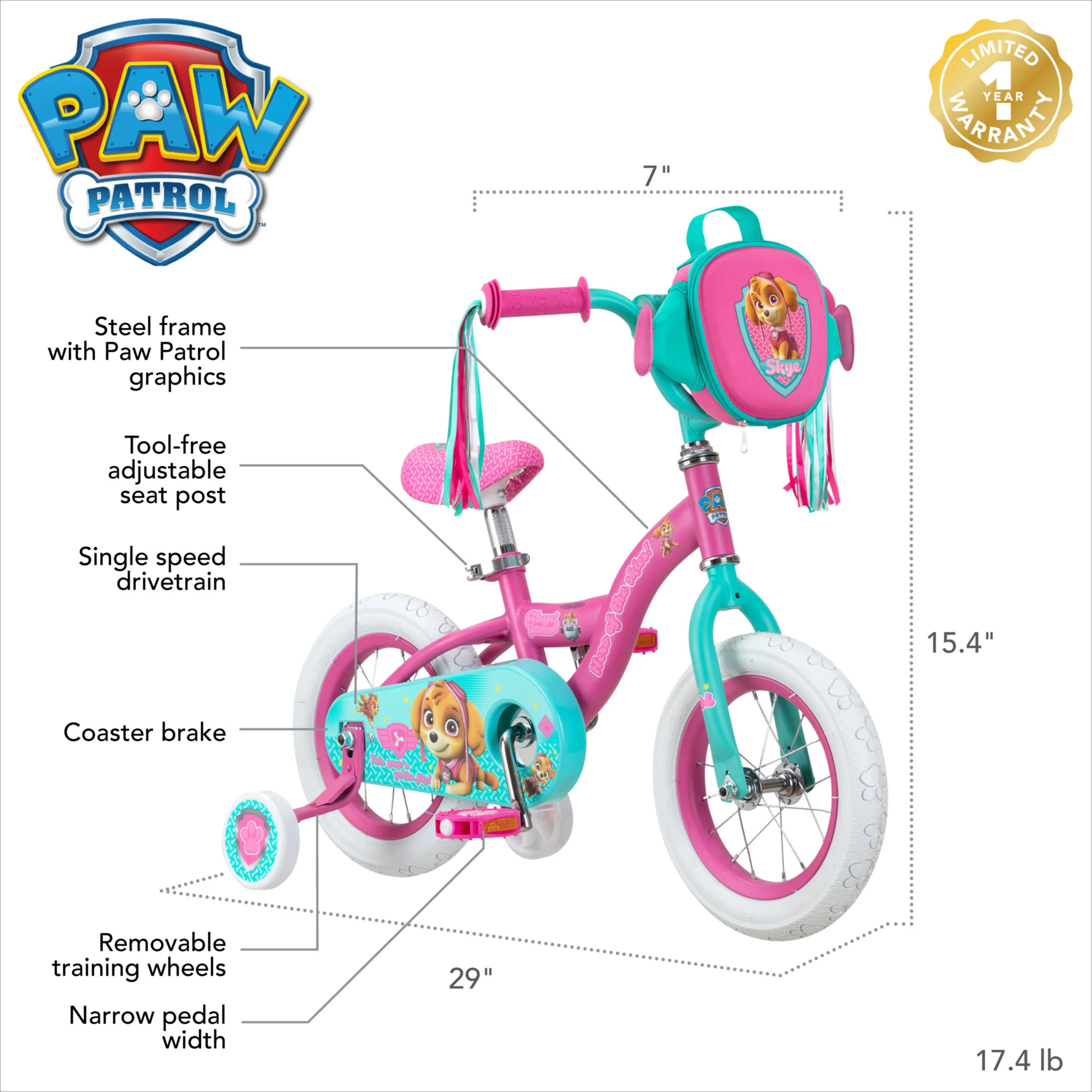 12in. Paw Patrol Skye Girls Kids Bike, Ages 2 to 4, Pink