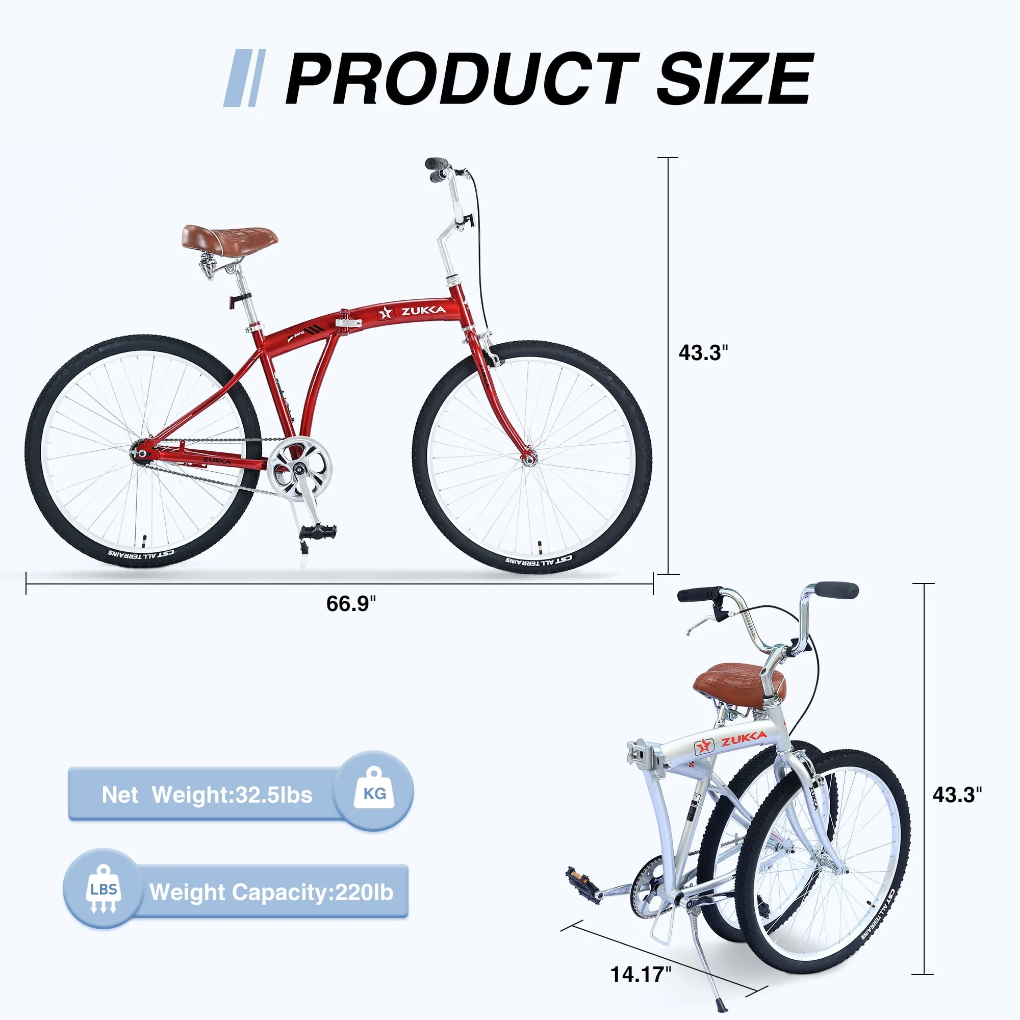 Zukka Cruiser Bike 26 inch Adult Foldable Steel Frame Bicycle for Men Commuter Red