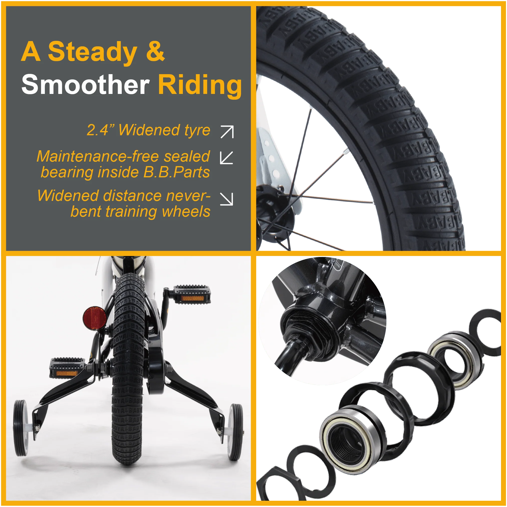 Royalbaby Boys Girls Kids Bike 14 In BMX Freestyle Black 2 Hand Brakes Bicycles with Training Wheels Child Bicycle