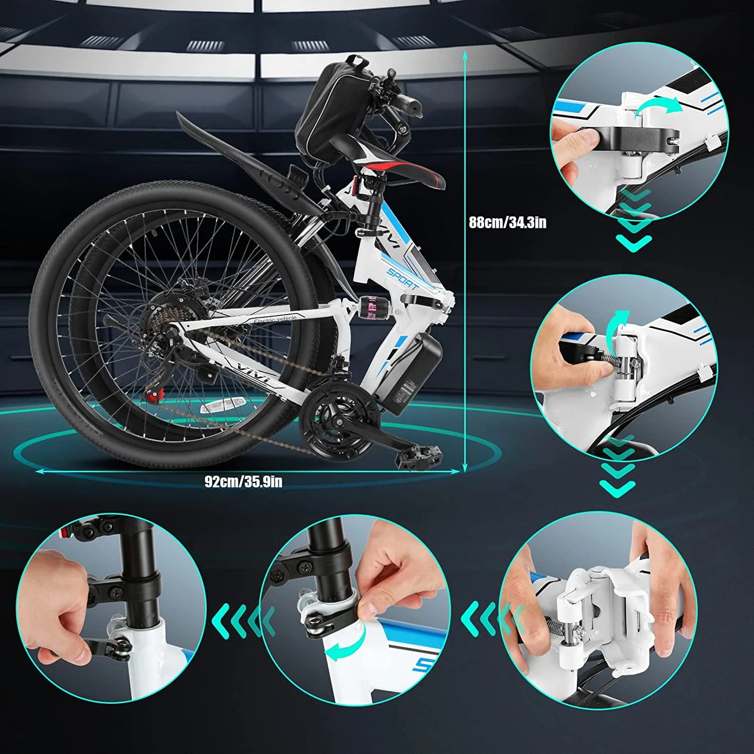 Vivi Electric Bike 26'' Folding Electric Mountain Bike 500W Full Suspension Electric Bike 21 Speed with Cruise Control, 48V Removable Battery, Up to 20MPH & 50 Miles