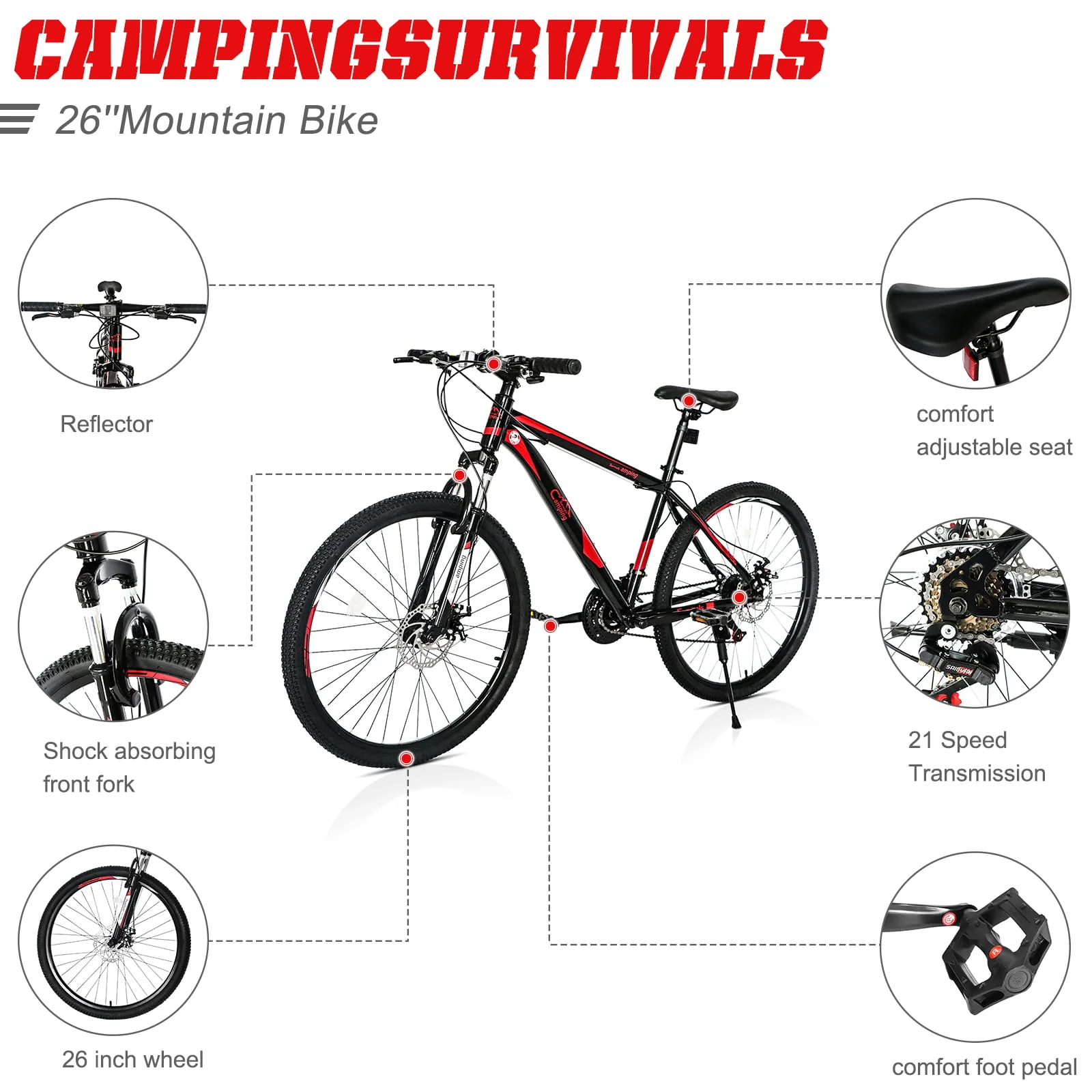Campingsurvivals 21 Speed Mountain Bikes, with 26 inch Wheels and Dual Disc Brakes, Red/Black