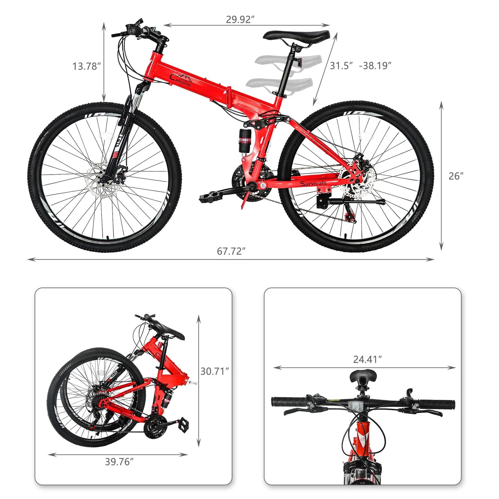 Folding Mountain Bike Shimano 21-Speed, with 26 inch Wheels, Red