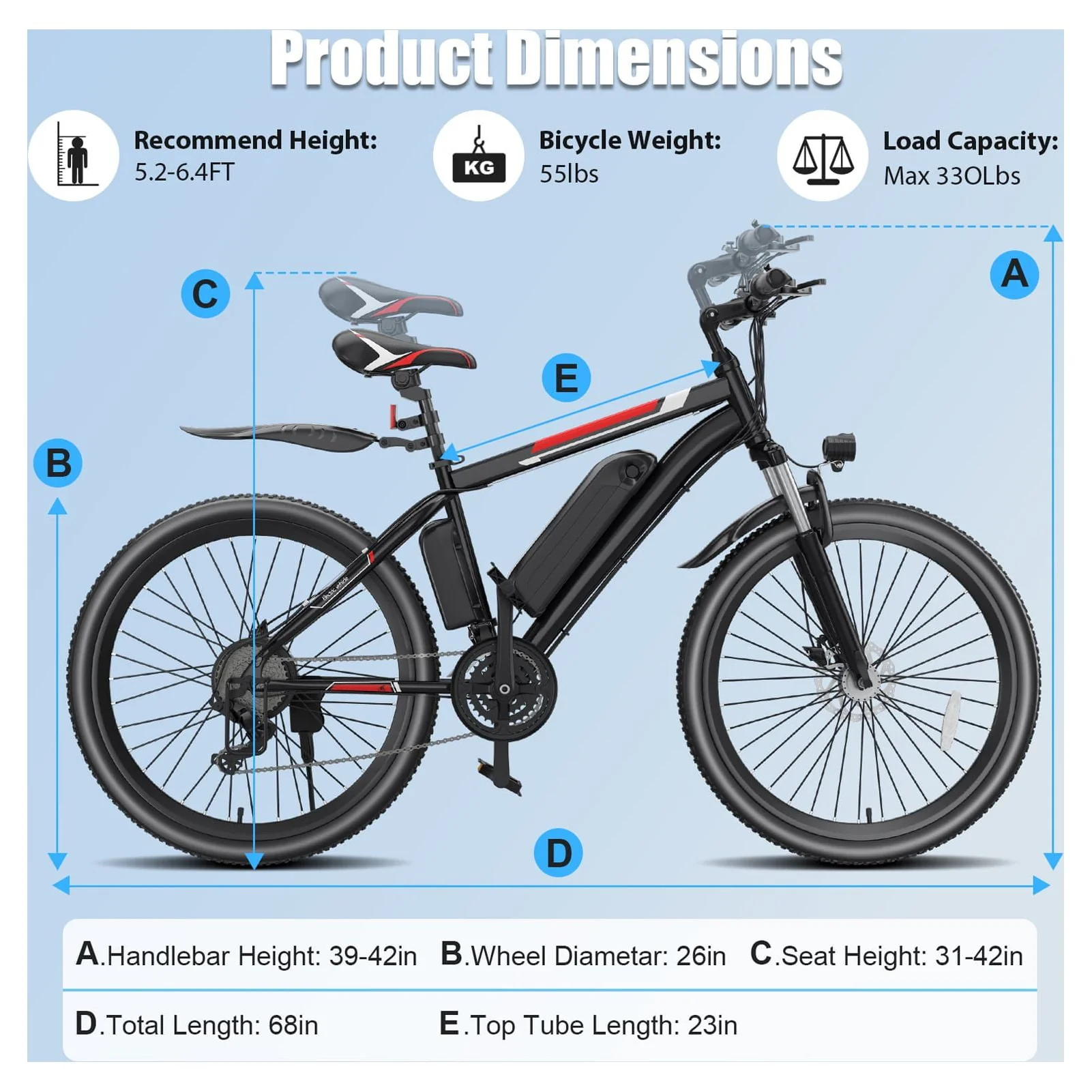 Elifine 500W Electric Bike for Adults, 26