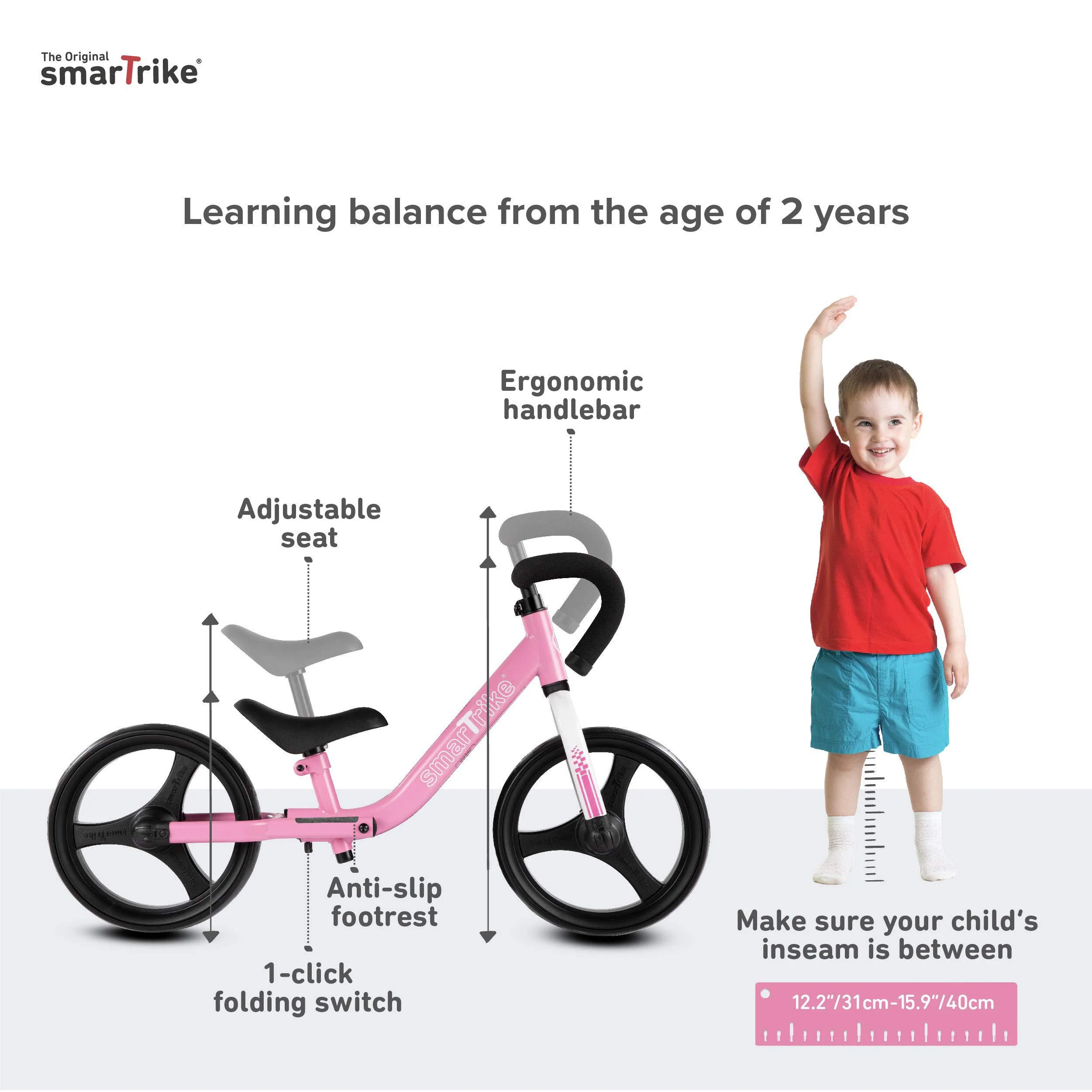 smartrike balance bike for 1, 2, 3, 4, and 5 year old boys &a; girls - folding kids balancing bike - adjustable bicycle for tod