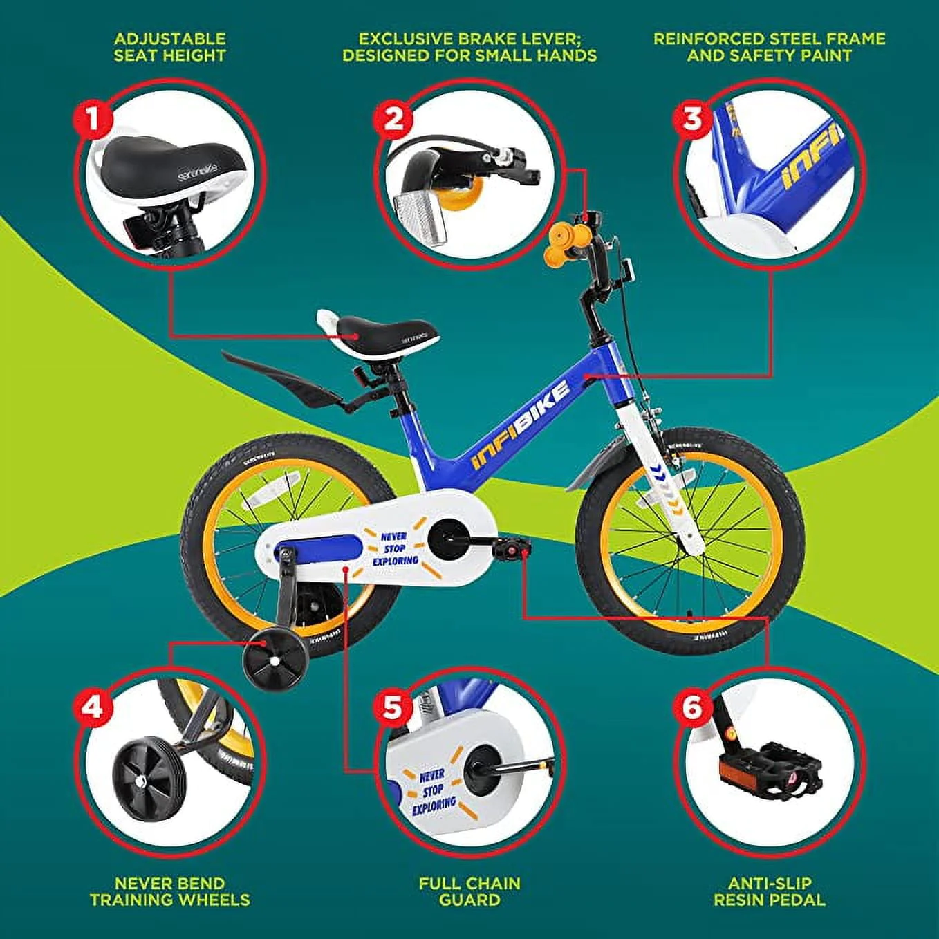 SereneLife 16” Kids Bike W/ Training Wheels & Adjustable Seat Height for 4-7 Yrs. Old (Blue)