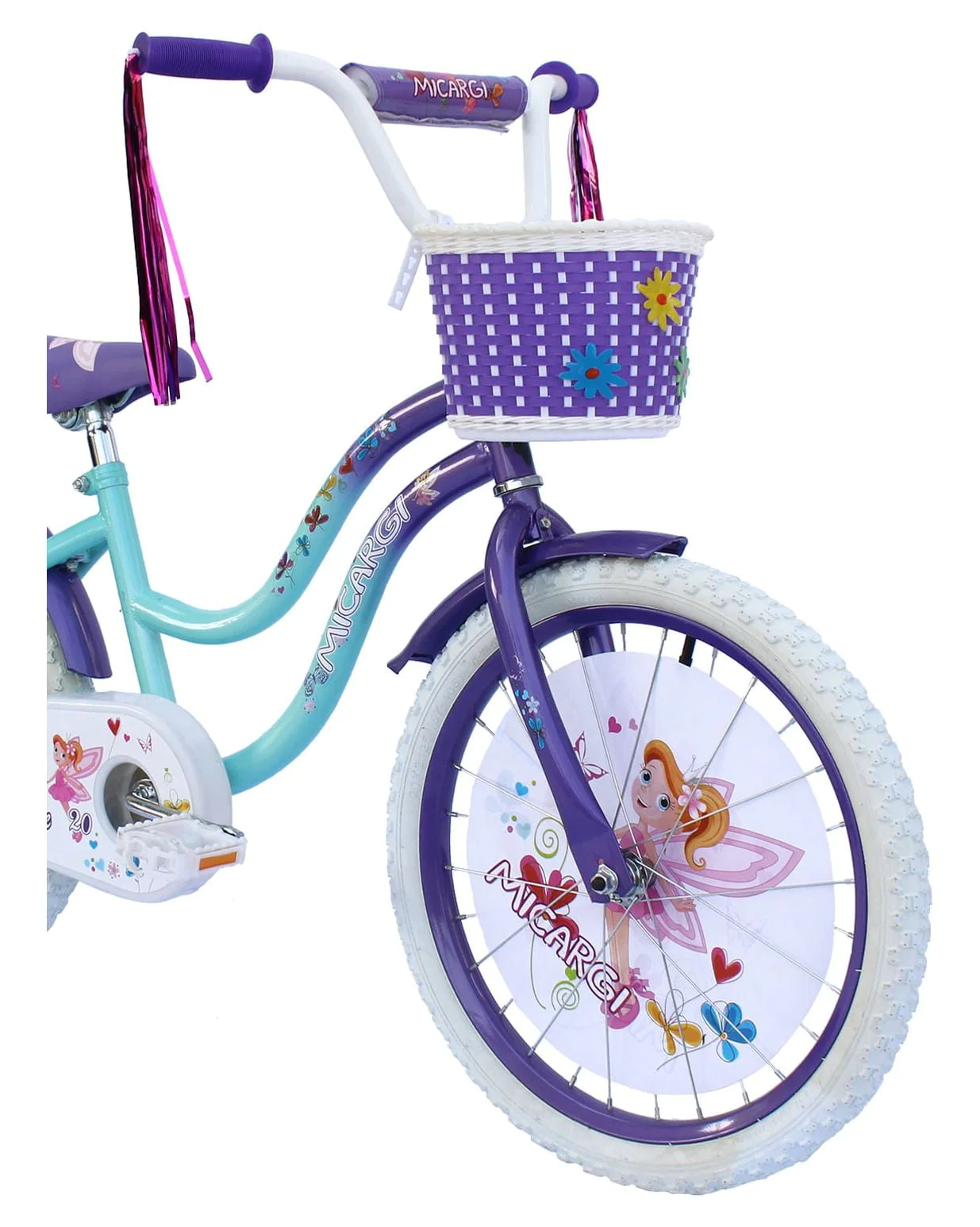 USToyOutlet 20 In. Cruiser Steel Frame Bicycle Coaster Brake One Piece Crank, White Full cover Chain Guard, Purple Baskets, Fenders & Rims, White Tire Kid's Bike - Purple/Baby Blue