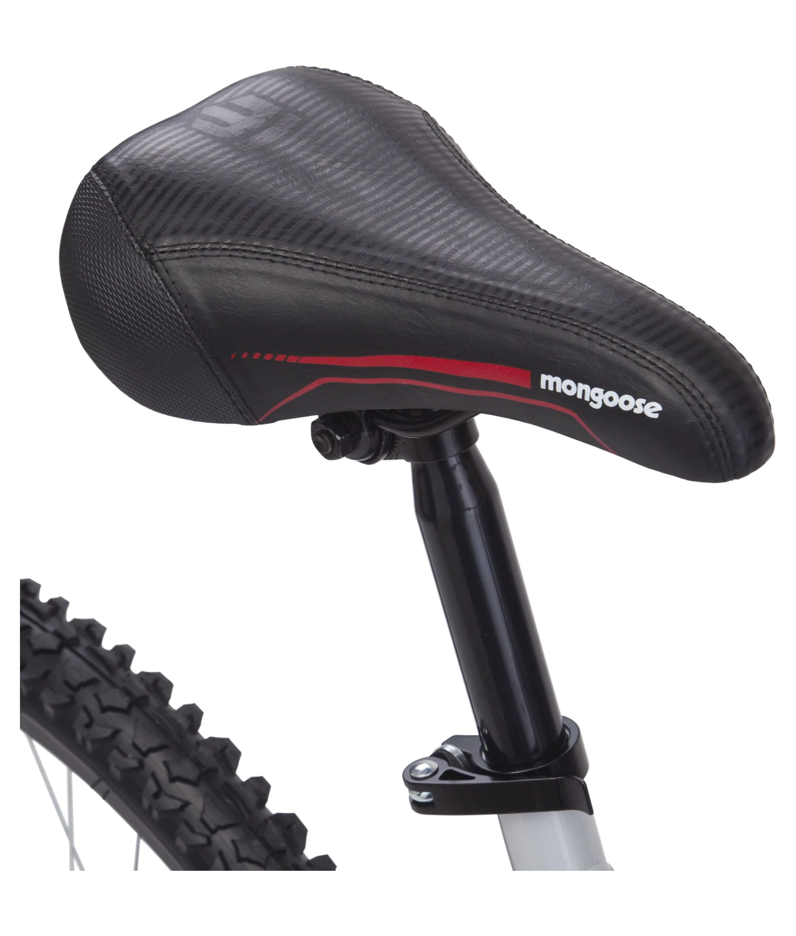 Mongoose Ledge 2.1 Mountain Bike, 24-inch wheels, 21 speeds, boys frame, Silver/Red