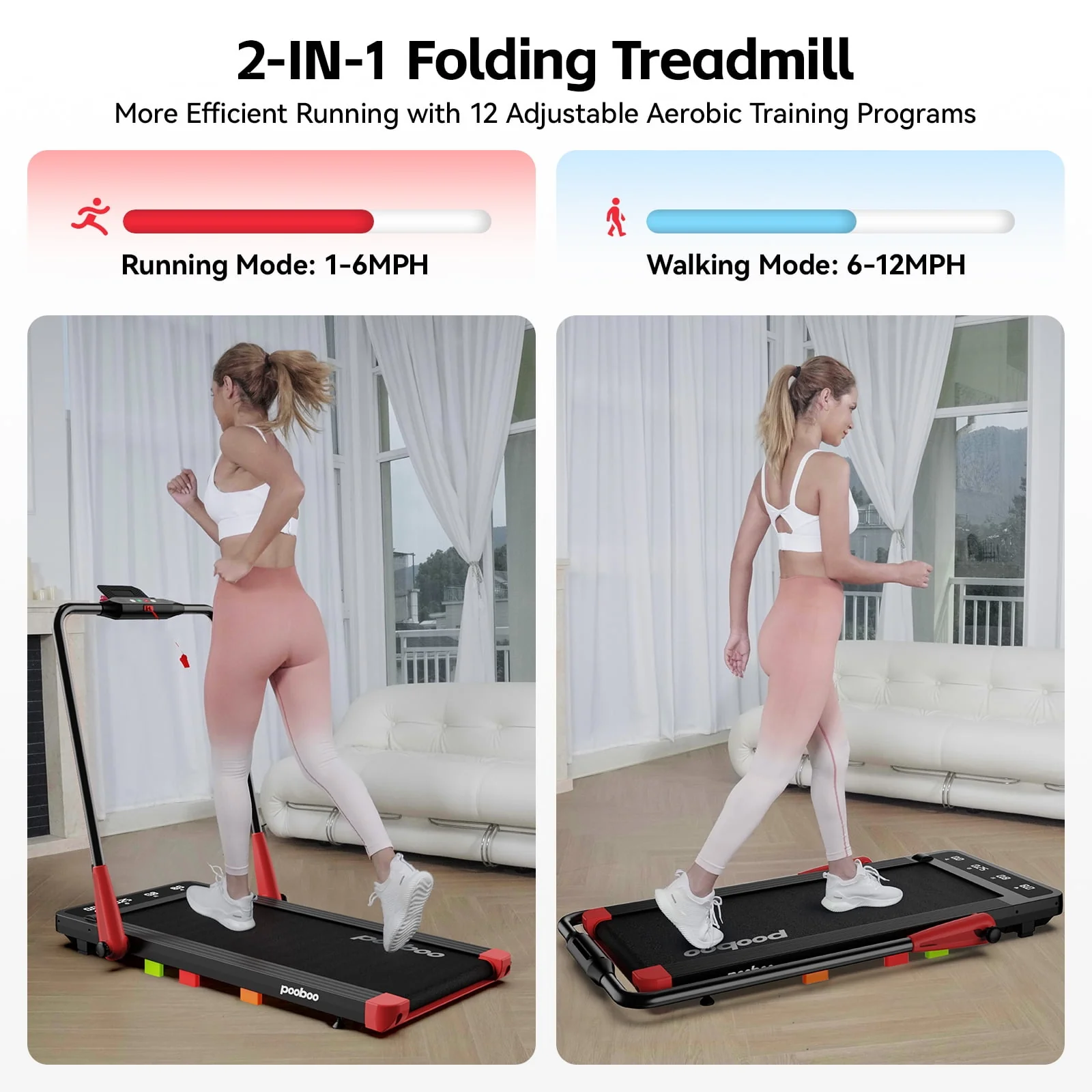 Pooboo 2 in 1 Folding Under Desk Treadmill Red Brush-less Walking Jogging Machine with App & Remote Control Led Touch Screen Walking Pad for Office Home Use 265lbs