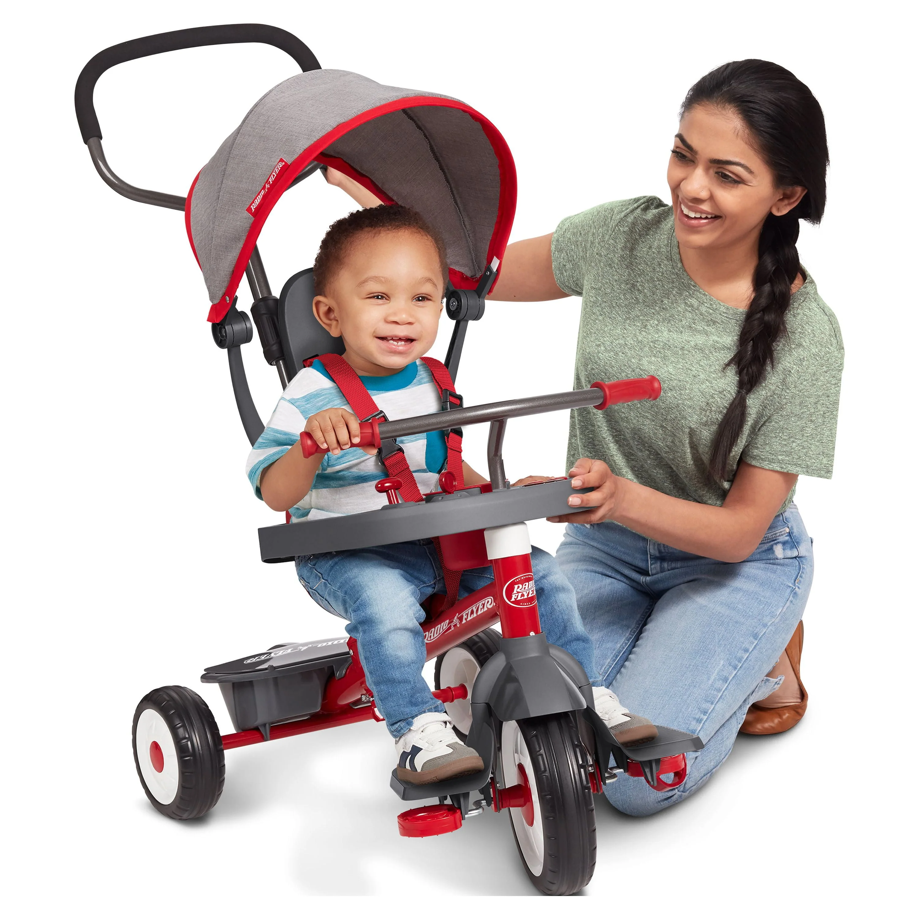 Radio Flyer, 4-in-1 Stroll 'N Trike with Activity Tray, Red & Gray, Convertible Tricycle