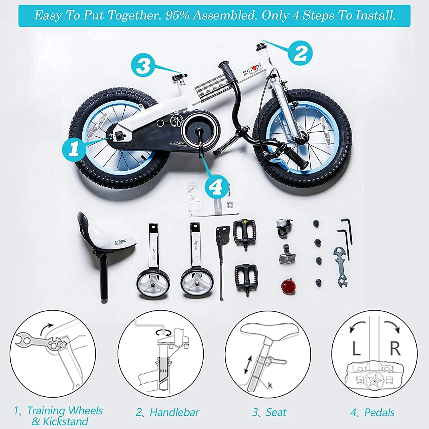 RoyalBaby Buttons Blue 16 inch Kid's Bicycle With Training Wheels and Kickstand