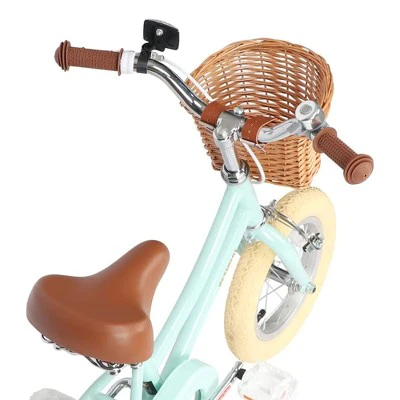 Petimini 14 Inch Steel Frame Child Bicycle with Wicket Basket, Handlebar Bell, Training Wheels, Adjustable Seat, and Parent Handle, Ages 3 to 5, Mint