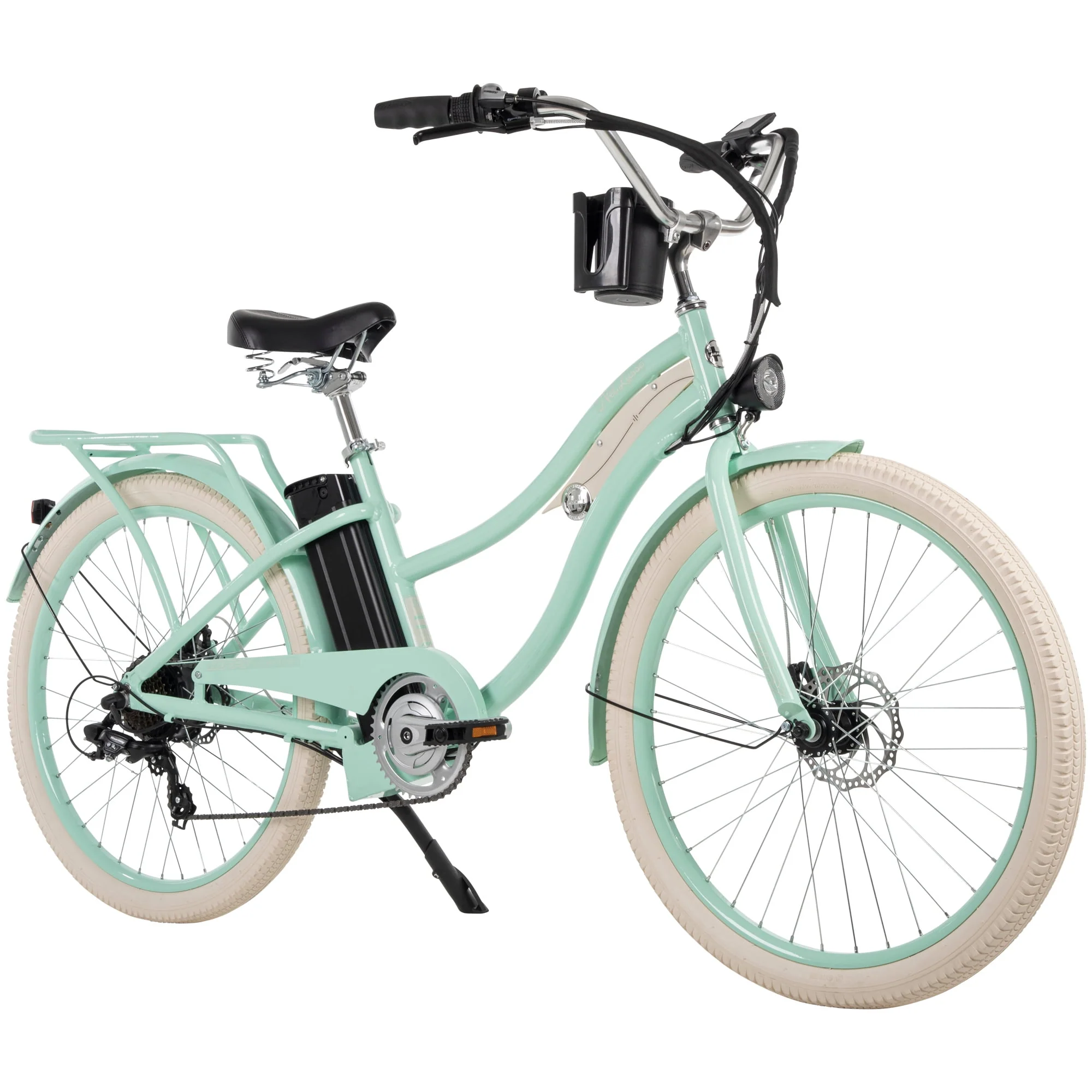 Nel Lusso 26-inch 7-Speed Electric Cruiser Bike with Throttle, Mint Green,  36V, 350W, UL 2849 compliant, by Huffy