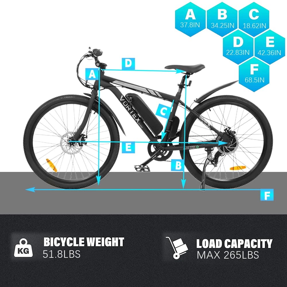 Ecotric Black 26 In. 36V 350W Electric City Bicycle e-Bike Removable Battery 7 Speed Pedal Assist