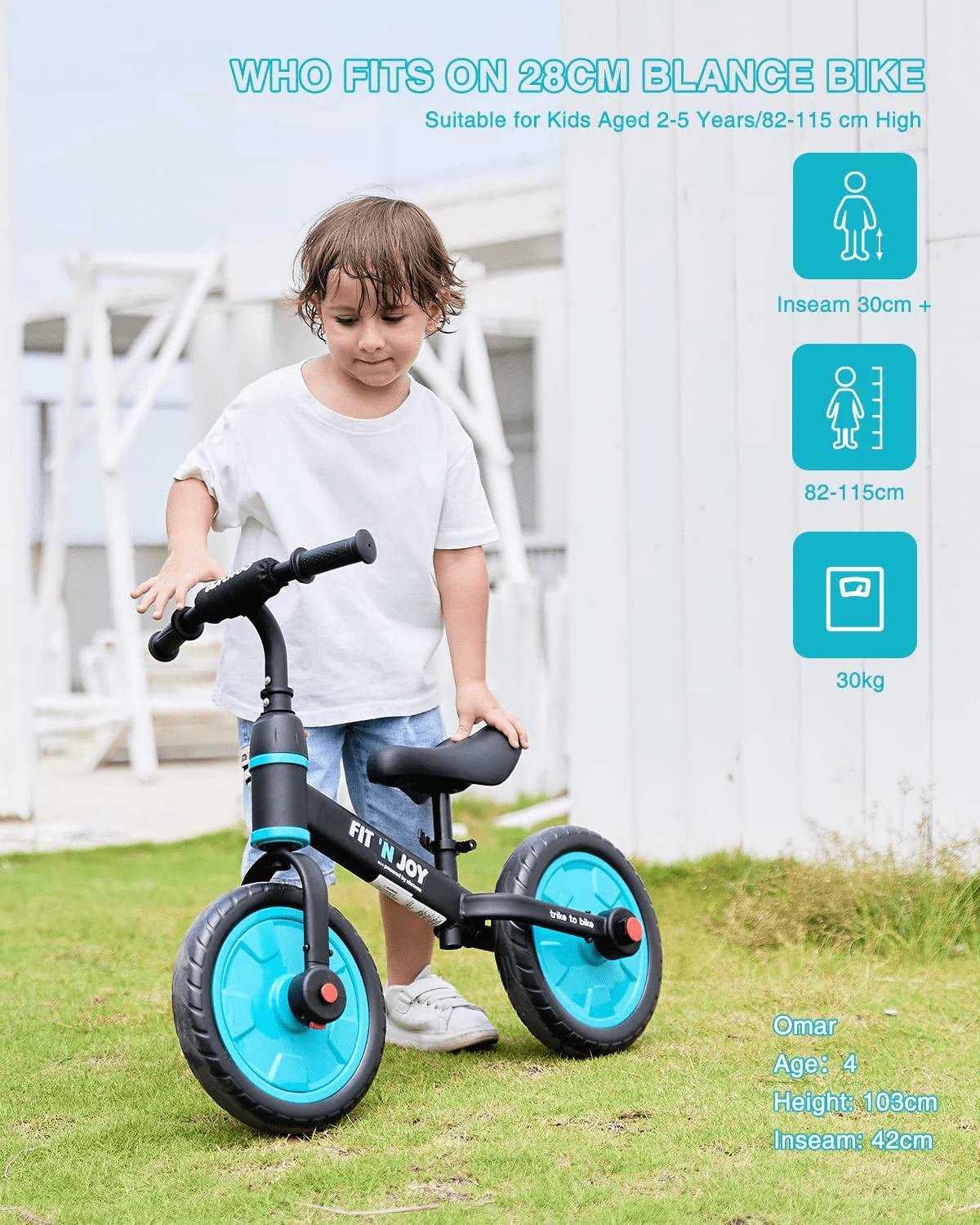 Ubravoo Fit 'n Joy Toddler Balance Bike,4-in-1 Starter Kids Training Bicycle,Rear Single Rod,Blue