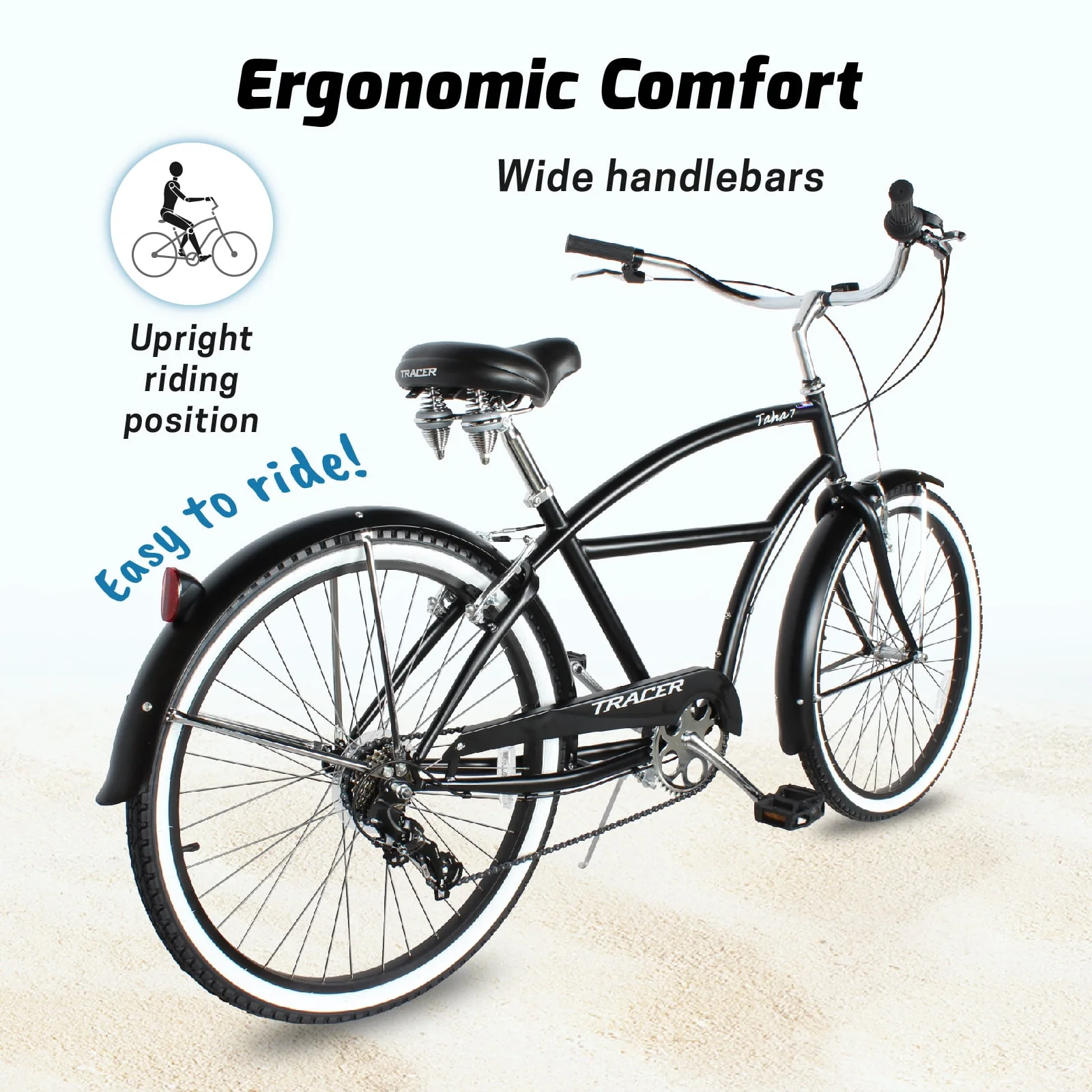 TRACER TAHA Beach Cruiser Bike for Men,26 Inch Wheels, Hi Ten Steel Frame, 7 Speed, Hybrid Bike for Adults, Complete Cruiser Bikes, Coaster Brake, Matte Black