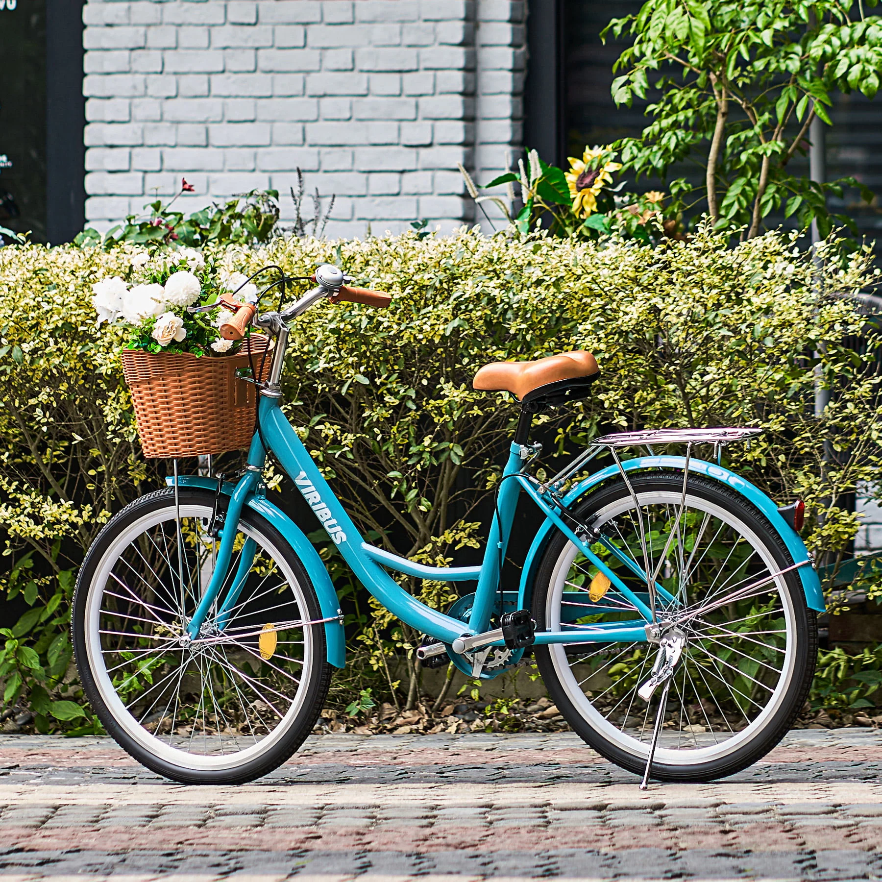 Viribus 24 Inch City Cruiser Bicycle with Carbon Steel Frame Dual V Brakes Basket Teal (Defective)