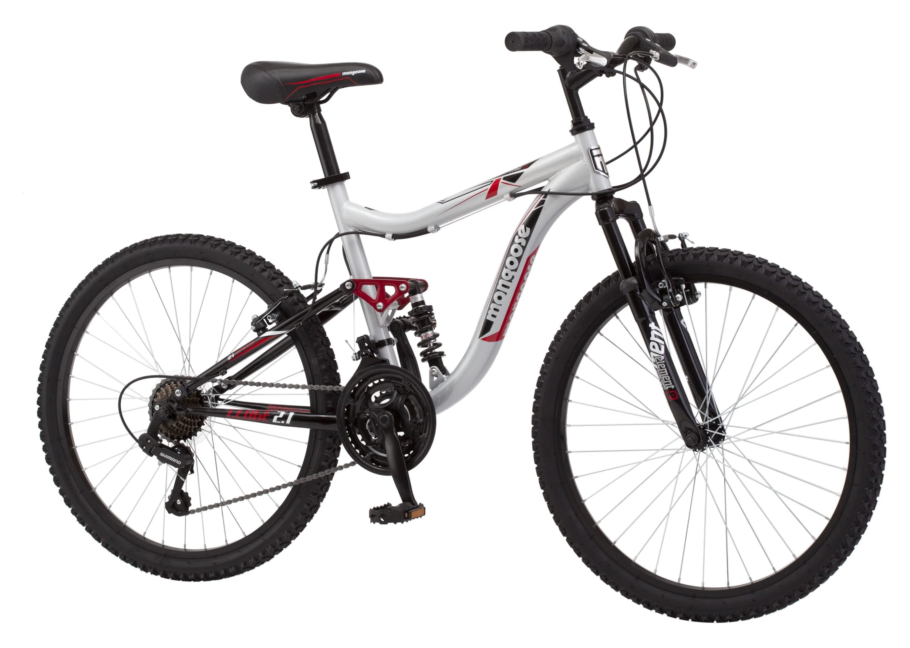 Mongoose Ledge 2.1 Mountain Bike, 24-inch wheels, 21 speeds, boys frame, Silver/Red