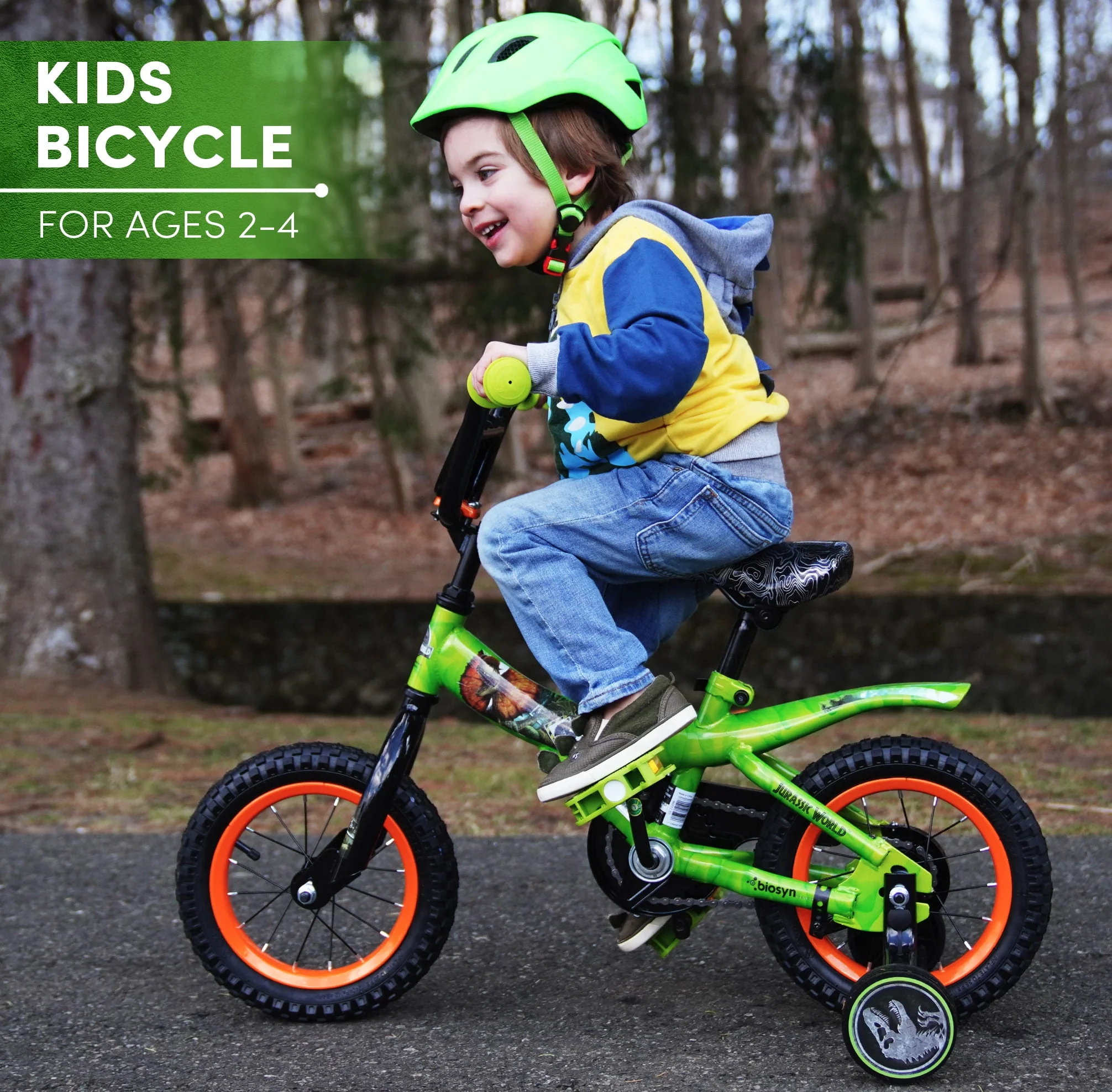 World? 12-inch Raptor Boy's Bicycle with Training Wheel, Green and Orange