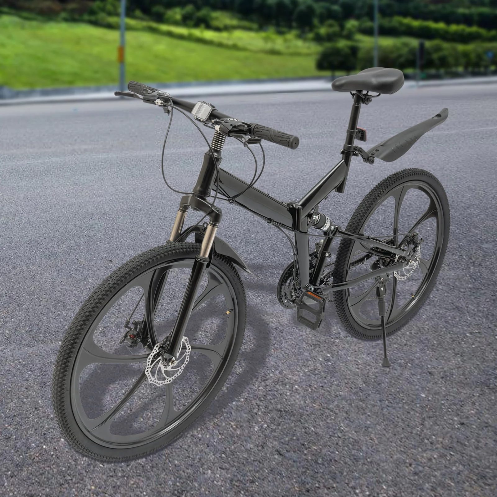 Aiqidi 26 Inch 21 Speed Folding Mountain Bike Full Suspension MTB Dual Disc Brakes Bicycle Foldable City Road Bike Seat Height Adjustable Unisex Adult Bicycle Black