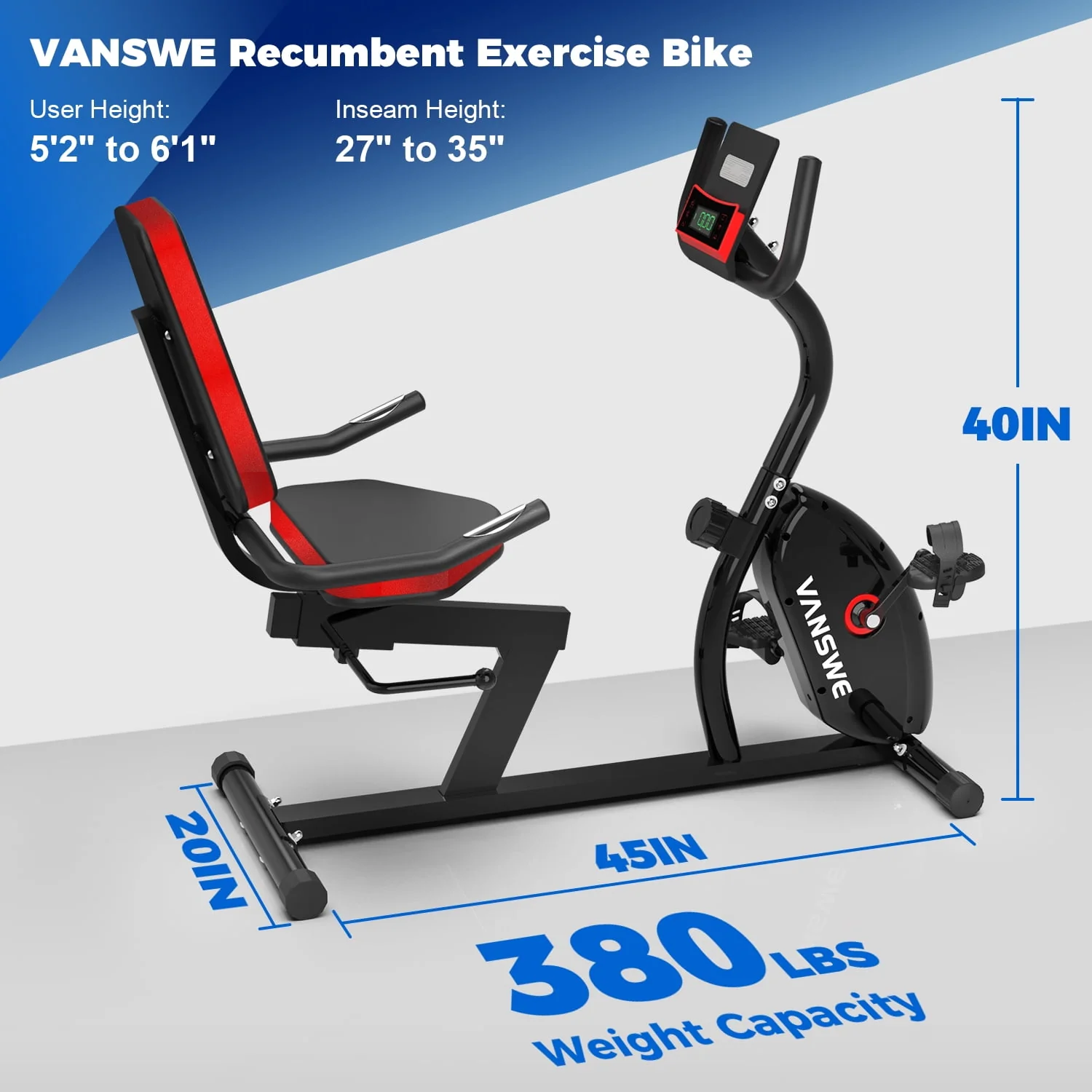 Vanswe Recumbent Exercise Bike 16 Levels Resistance Maximum Weight 380 lbs. Magnetic Recumbent Stationary Bike