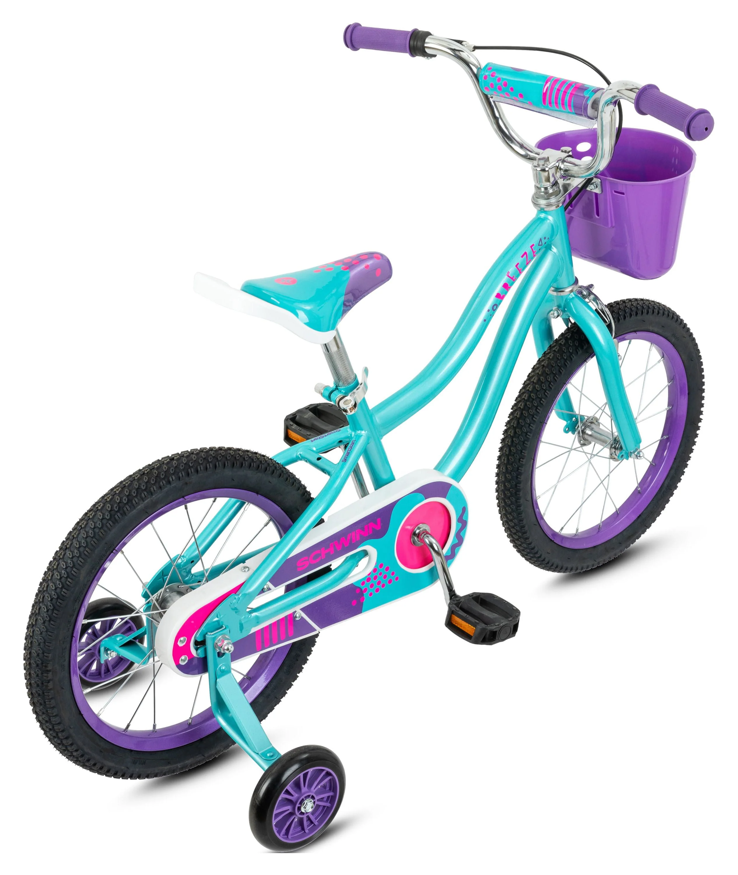 Schwinn Breeze 16 Inch Girls Kids Bike with Basket and Training Wheels, Ages 3-7, Teal and Purple