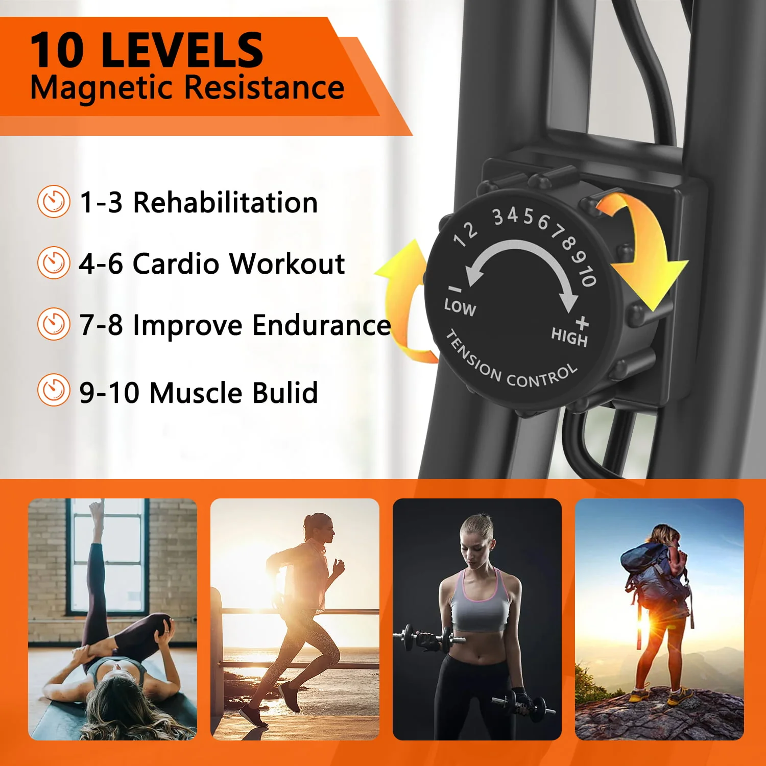 Foldable Exercise Bike for Home Stationary Magnetic Indoor Cycling Maximum Weight 300 lbs with 10-Level Adjustable Resistance, Arm Bands and Backrest(Blue)