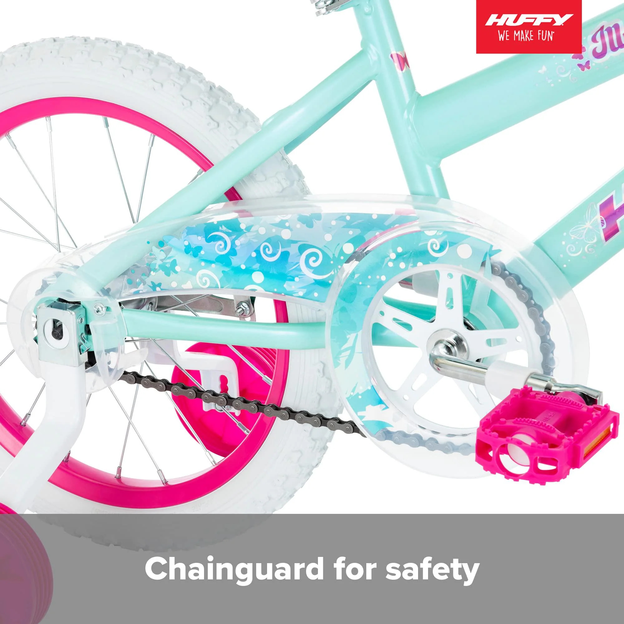 huffy illuminate 16 girls bike for kids, training wheels, light blue