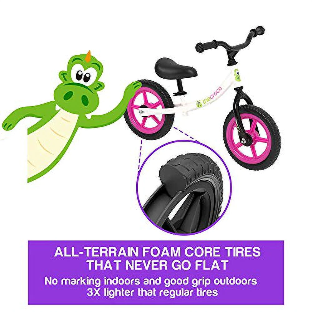 TheCroco 12 inch Balance Bike Lightweight, Adjustable Seat, No-Pedal training bike, Ages 2 to 5 Years, includes Bell, White and Pink