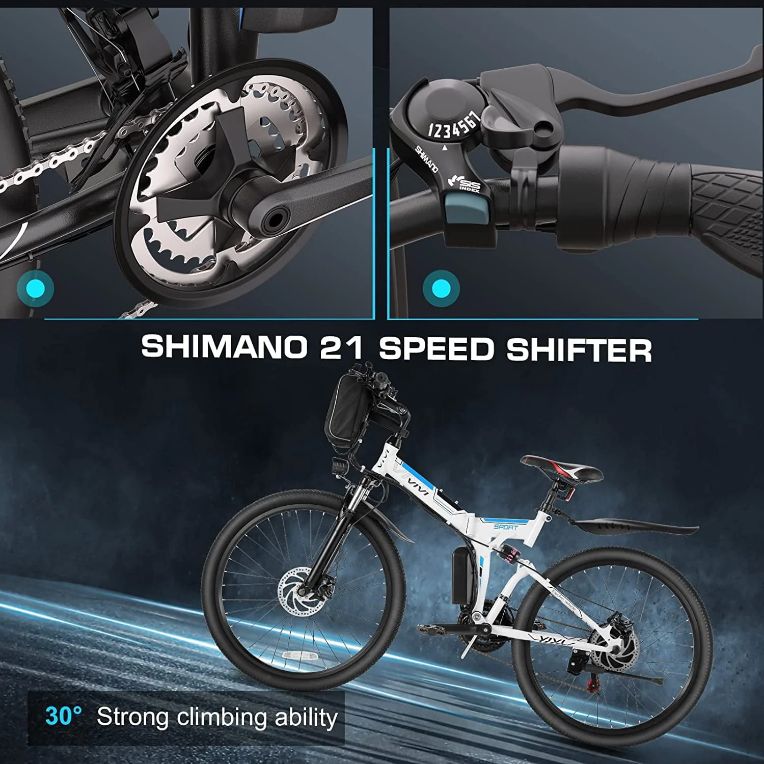 Vivi Electric Bike 26'' Folding Electric Mountain Bike 500W Full Suspension Electric Bike 21 Speed with Cruise Control, 48V Removable Battery, Up to 20MPH & 50 Miles