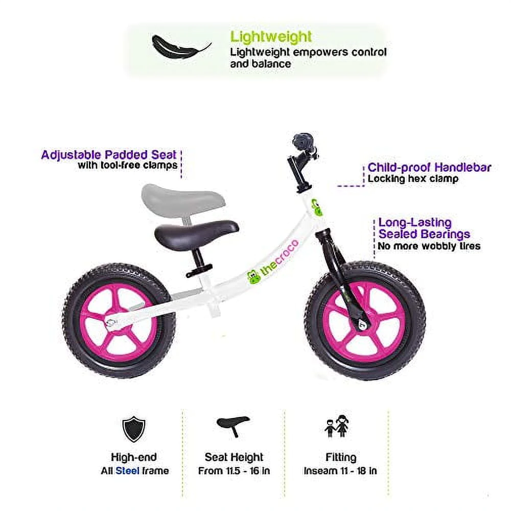 TheCroco 12 inch Balance Bike Lightweight, Adjustable Seat, No-Pedal training bike, Ages 2 to 5 Years, includes Bell, White and Pink