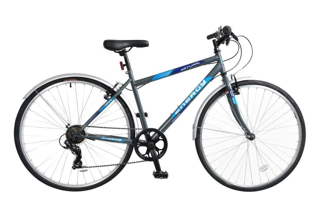 Mens Hybrid Bike Natural Energy Trekking Rigid 700c Wheel 6 Speed Grey Blue