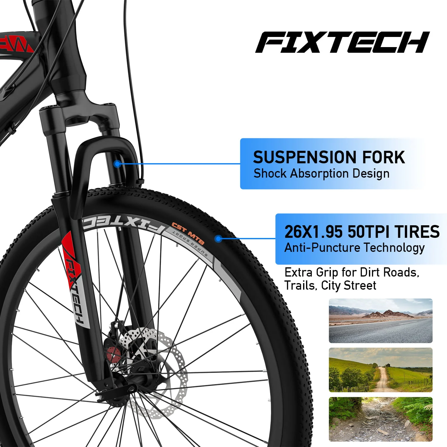 FIXTECH 26 Inch Mountain Bike with Aluminum Frame Disc Brakes for Men Women MTB Bicycle Trail Bike