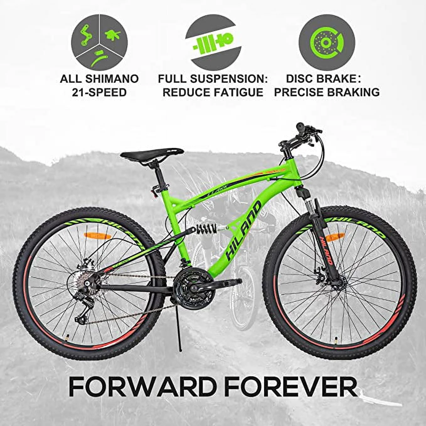 Hiland Full-Suspension Mountain Bike, Shimano 21 Speeds, 26 Inch Wheels, for Men Women MTB Bicycle Trail Bike, Green
