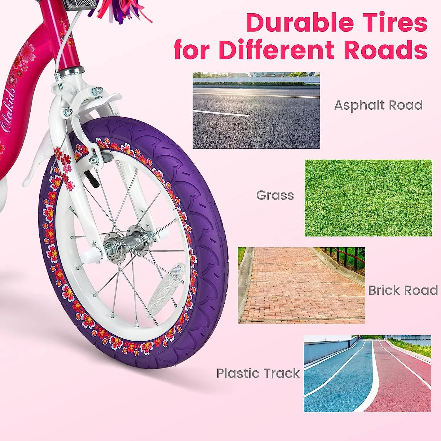 OLAKIDS Kids Bike for Girls, 14 16 Inch Children's Bicycle with Removable Training Wheels and Doll Seat, Adjustable Seat and Handlebar, Girls Bike for Toddlers Age 4-8 Years Old Pink Flower