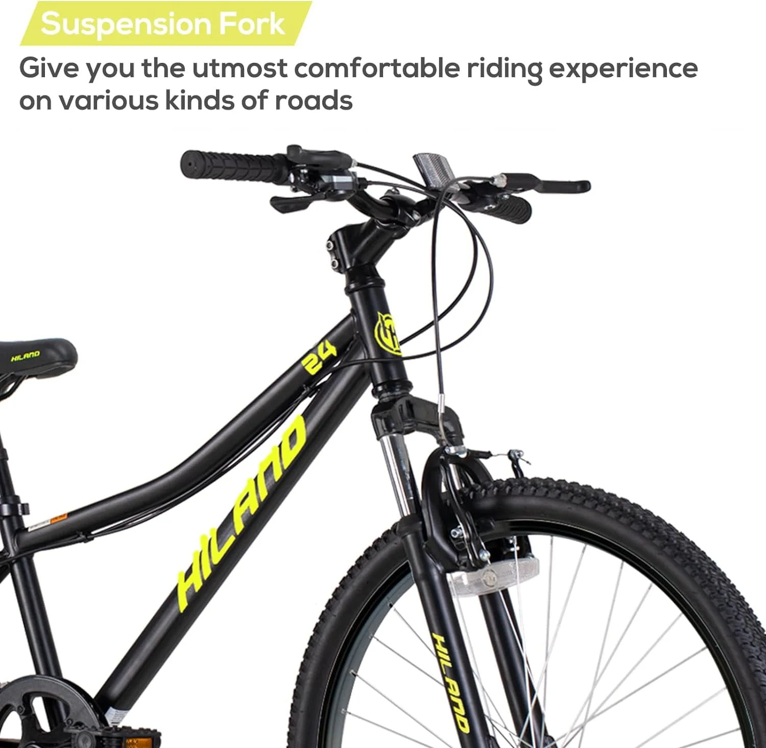 Hiland 24 inch Mountain Bike Shimano 7 Speeds for Teenager with Suspension Fork, Black