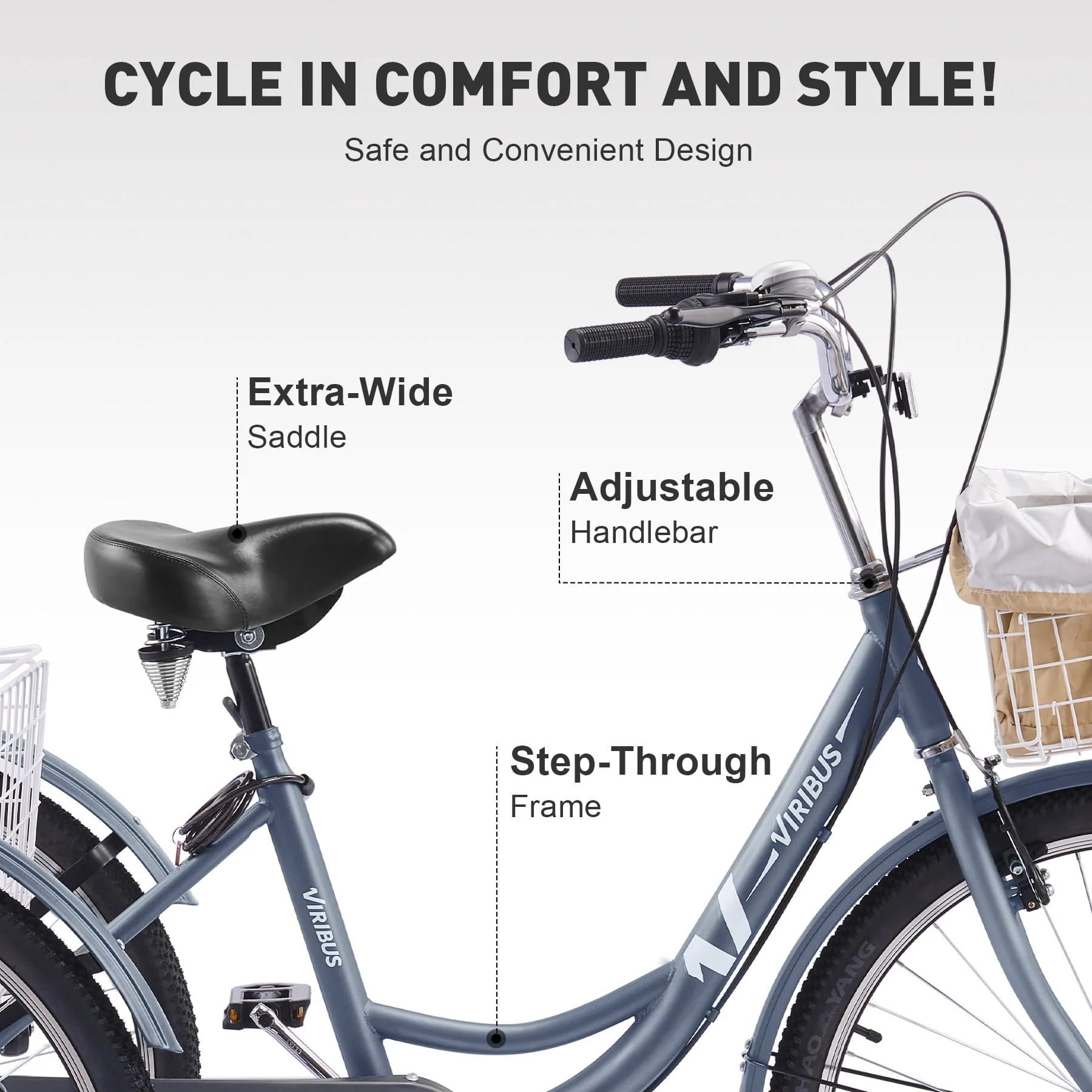 VIRIBUS 24 Inch Adult Exercise Trike 7 Speed with Front Rear Basket Matte Gray