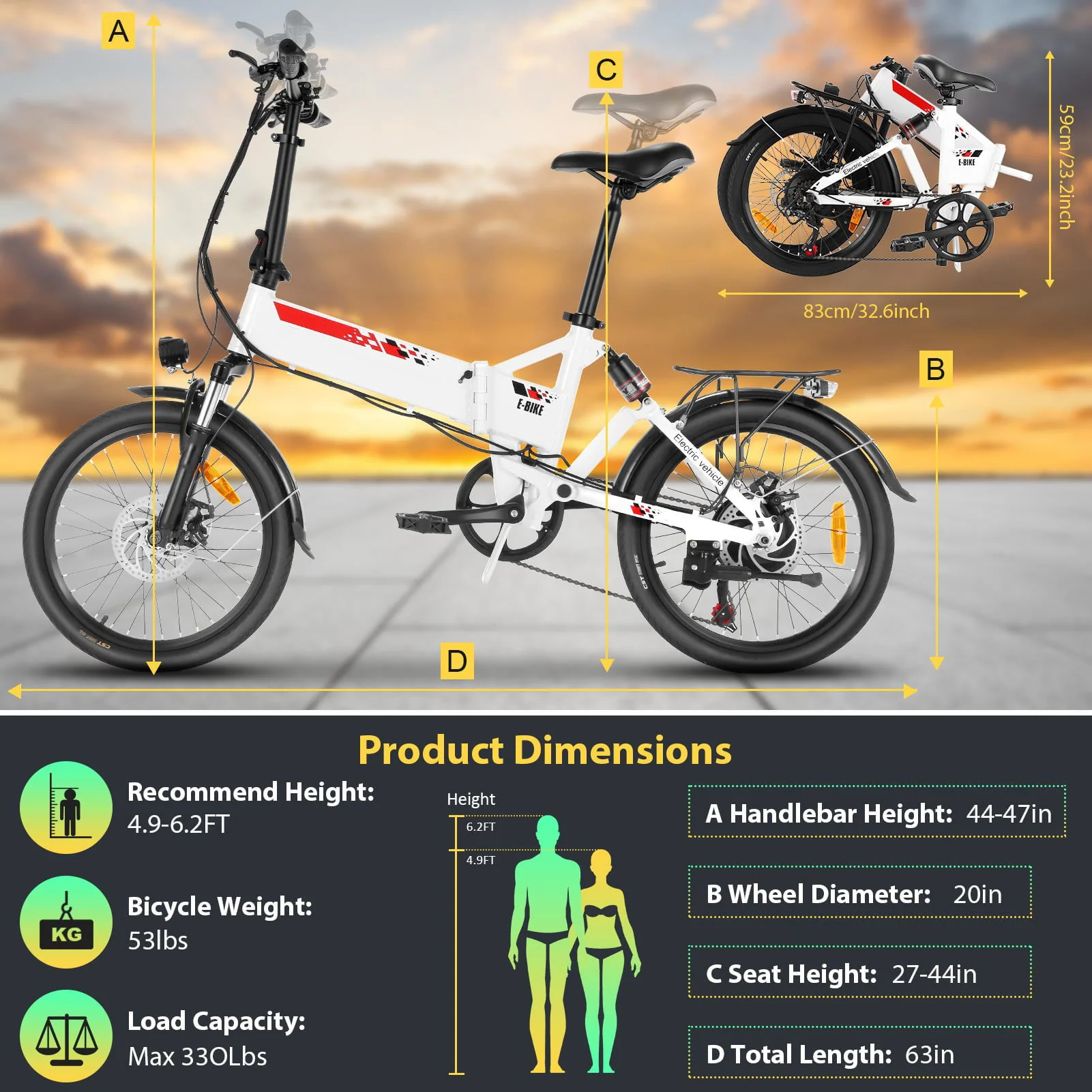 Gocio 500W Folding Electric Bike, 20'' Electric Commuter Bike, Aluminum Alloy Lightweight Electric Bicycle, Ebike Built-in 48V 7.8Ah Removable Lithium-Ion Battery, Urban Electric Bikes for Adults