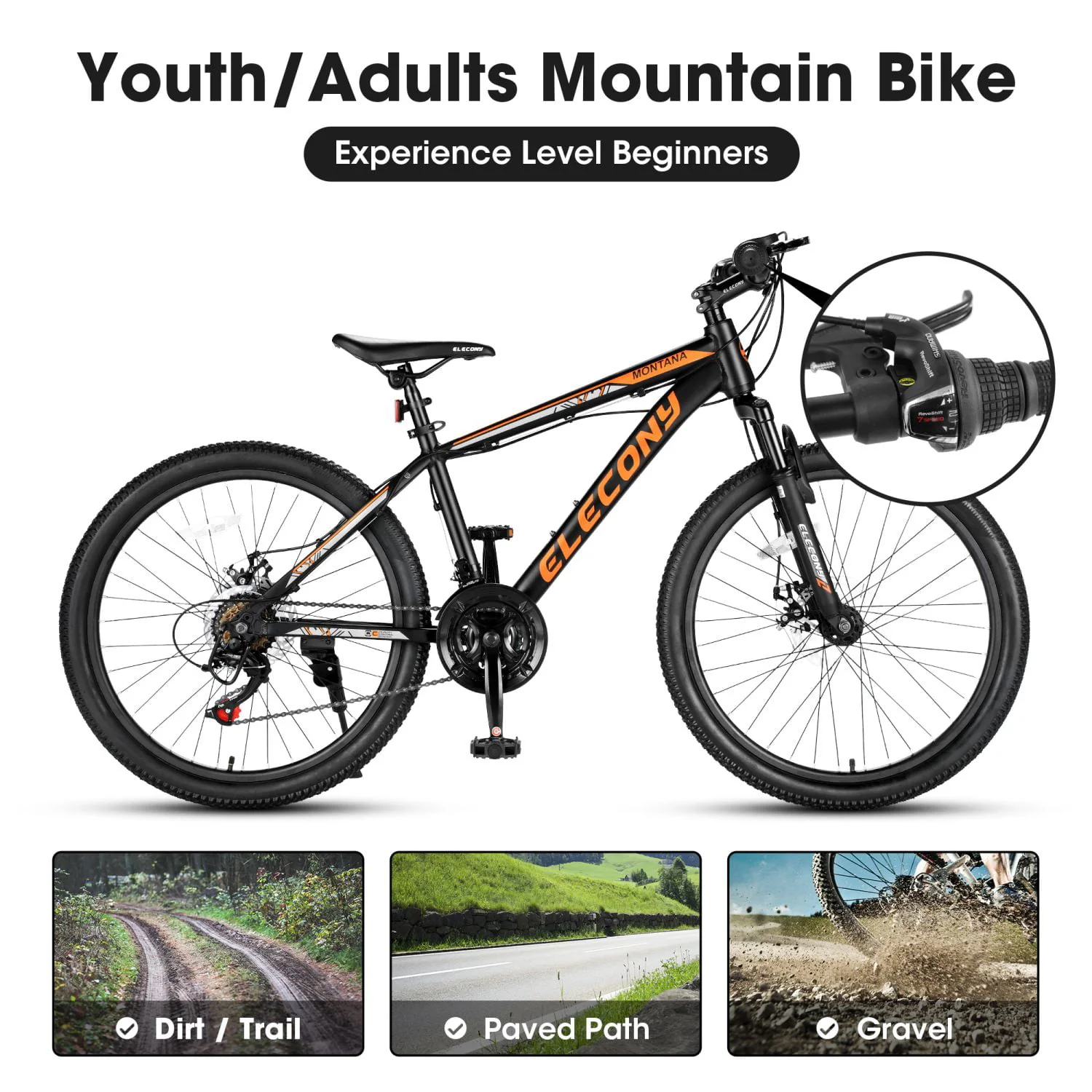 24 inch Mountain Bike, Shimano 21 Speed Drive, Dual Disc Brake, Front Suspension MTB For Boy Girl