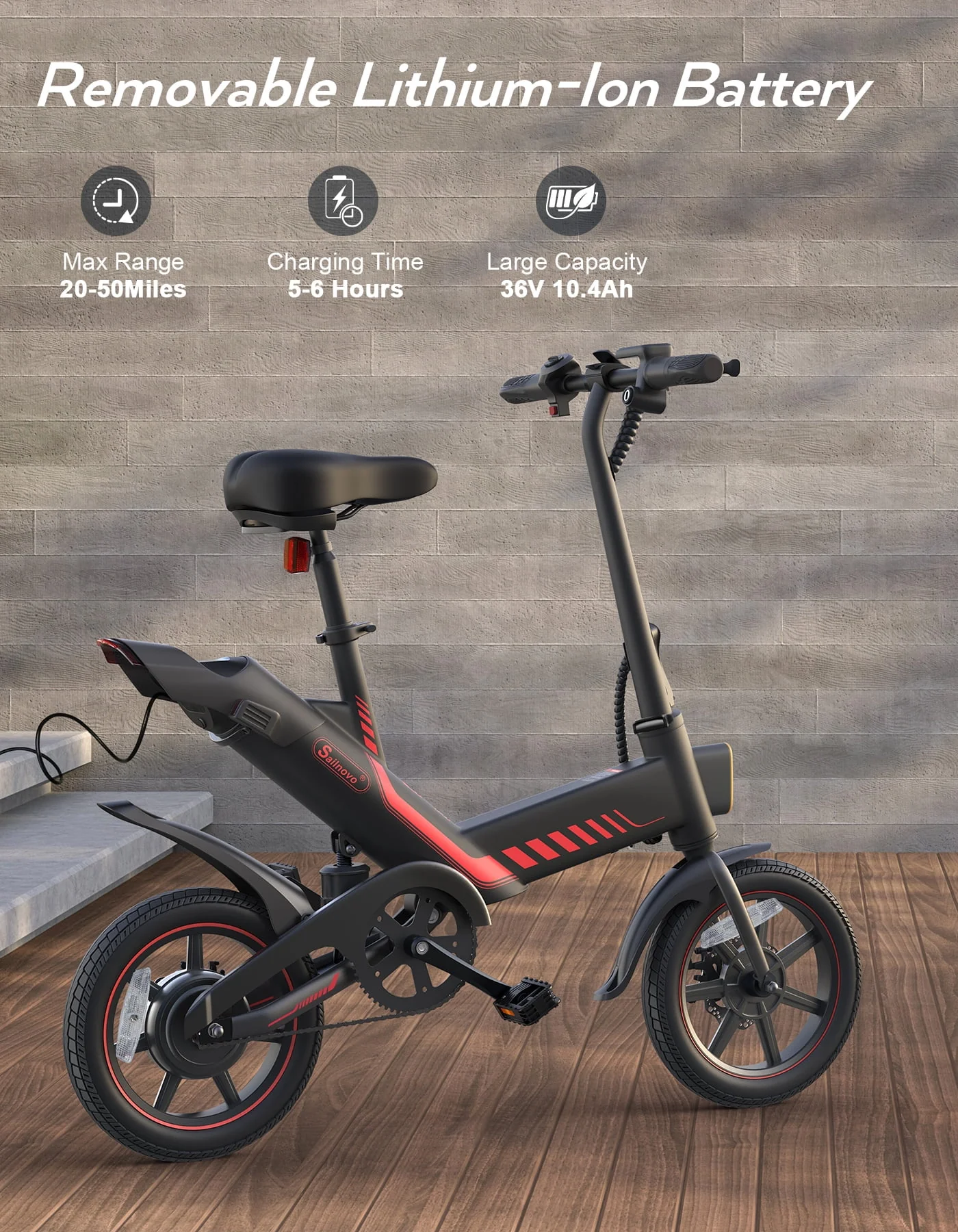 Wooken Electric Bike, 14'' Electric Bicycle for Adults and Teenagers with 18.6MPH Waterproof Folding Electric Bike with Removable 36V 374WH Lithium-Ion Battery Throttle & Pedal Assist