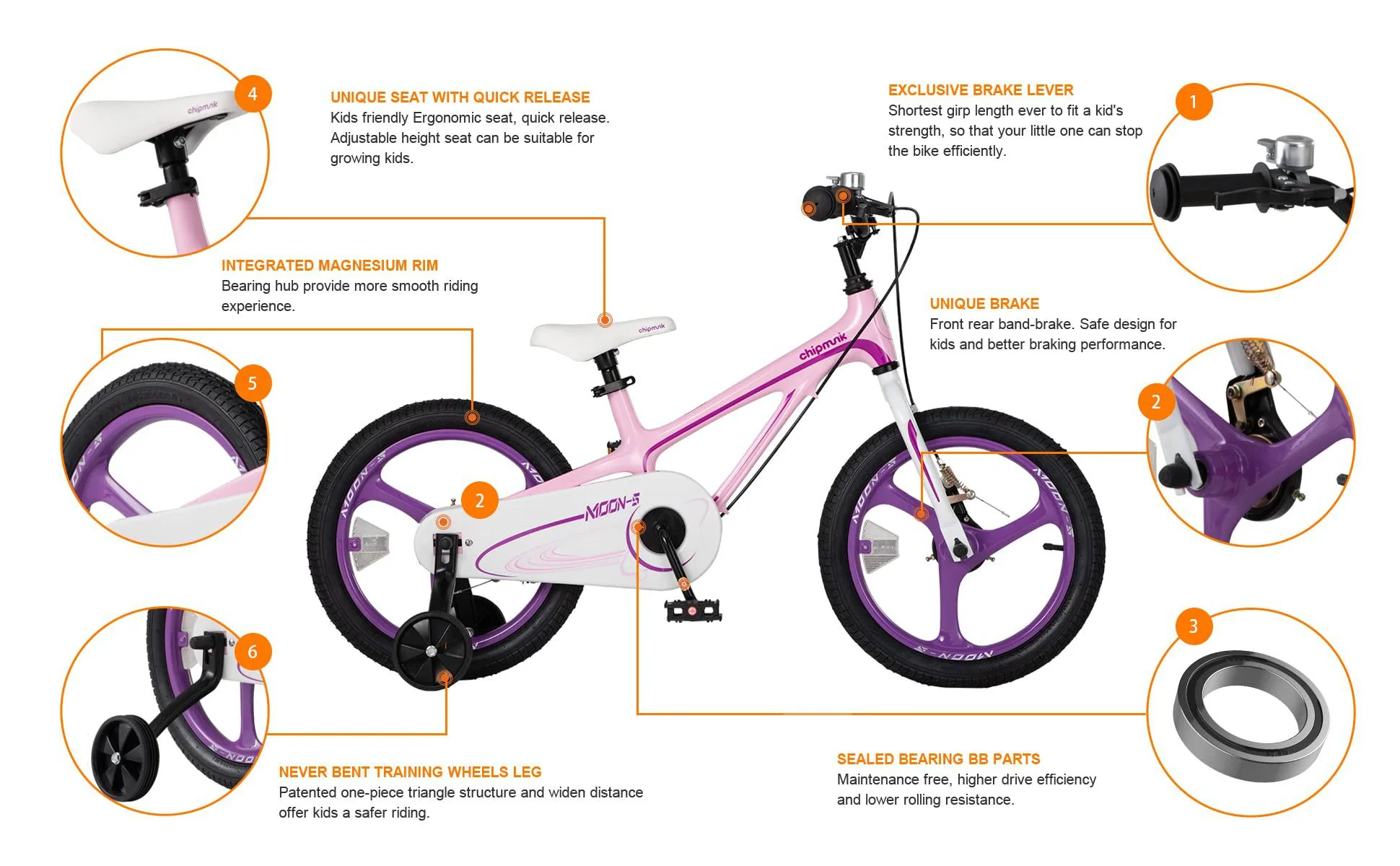royalbaby moon 5 kids bike 16 inch childrens bicycle with 2 handle brake training wheels for boys girls pink