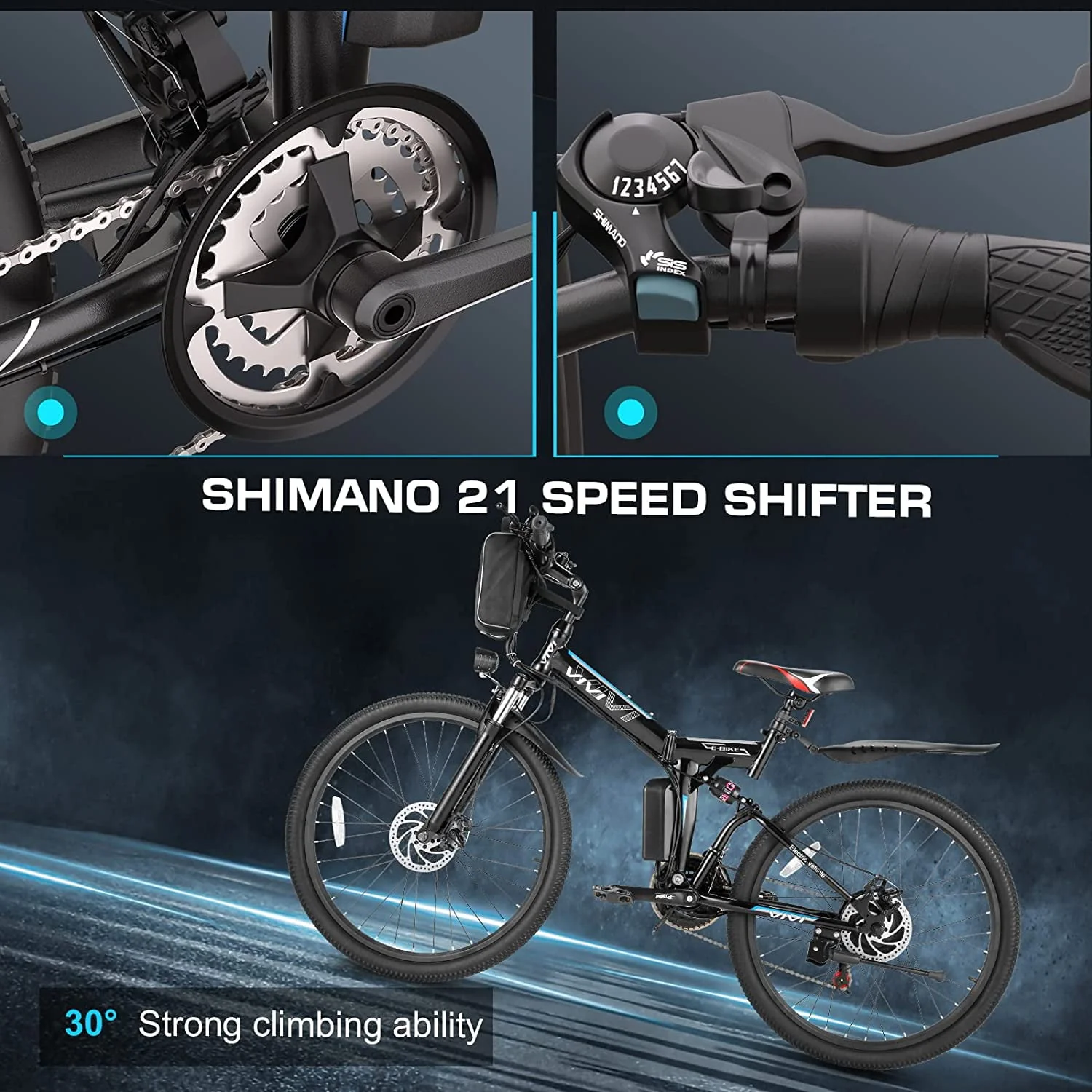 Vivi Electric Bike 26'' Folding Electric Mountain Bike 500W Full Suspension Electric Bike 21 Speed with Cruise Control, 48V Removable Battery, Up to 20MPH & 50 Miles